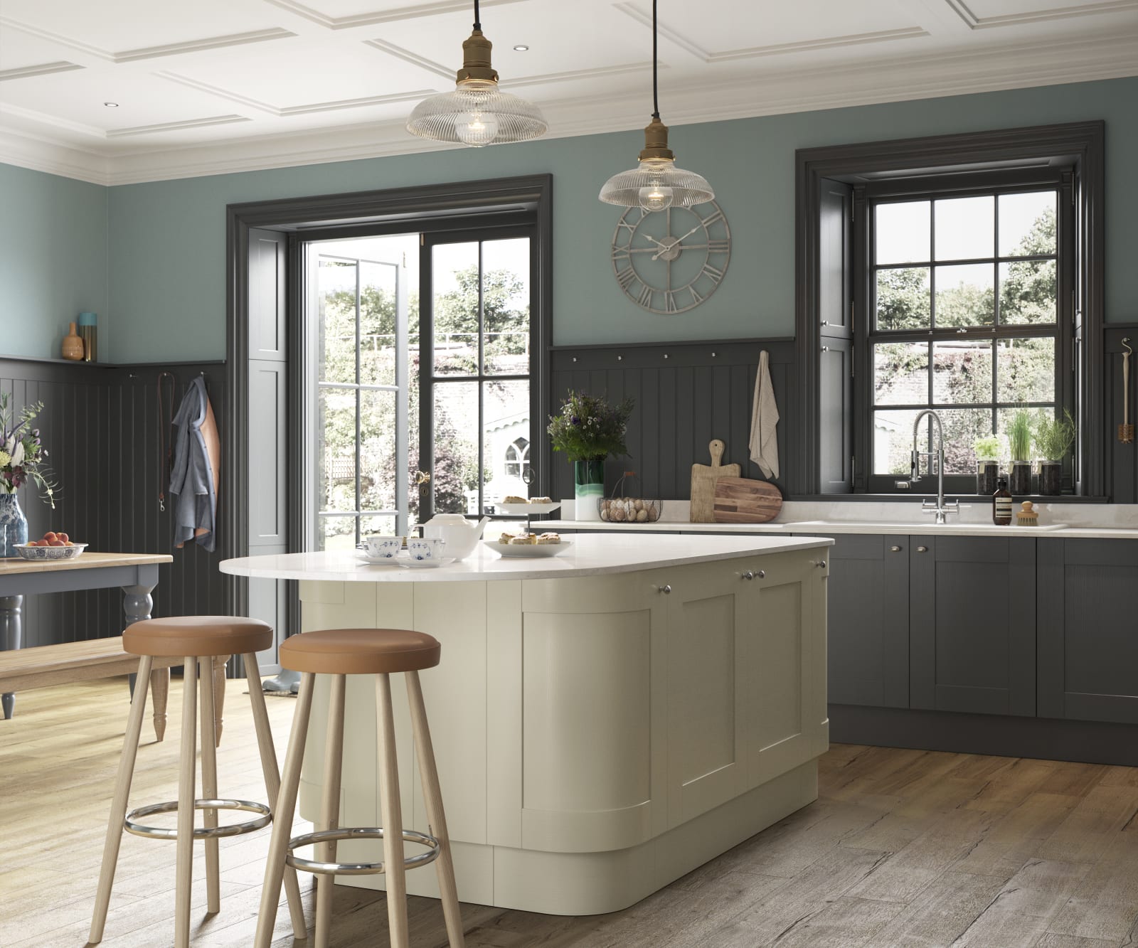 Winchester kitchen by Magnet. A wood grain effect affordable alternative to solid timber built from hardwearing MDF and available in 5 colours.