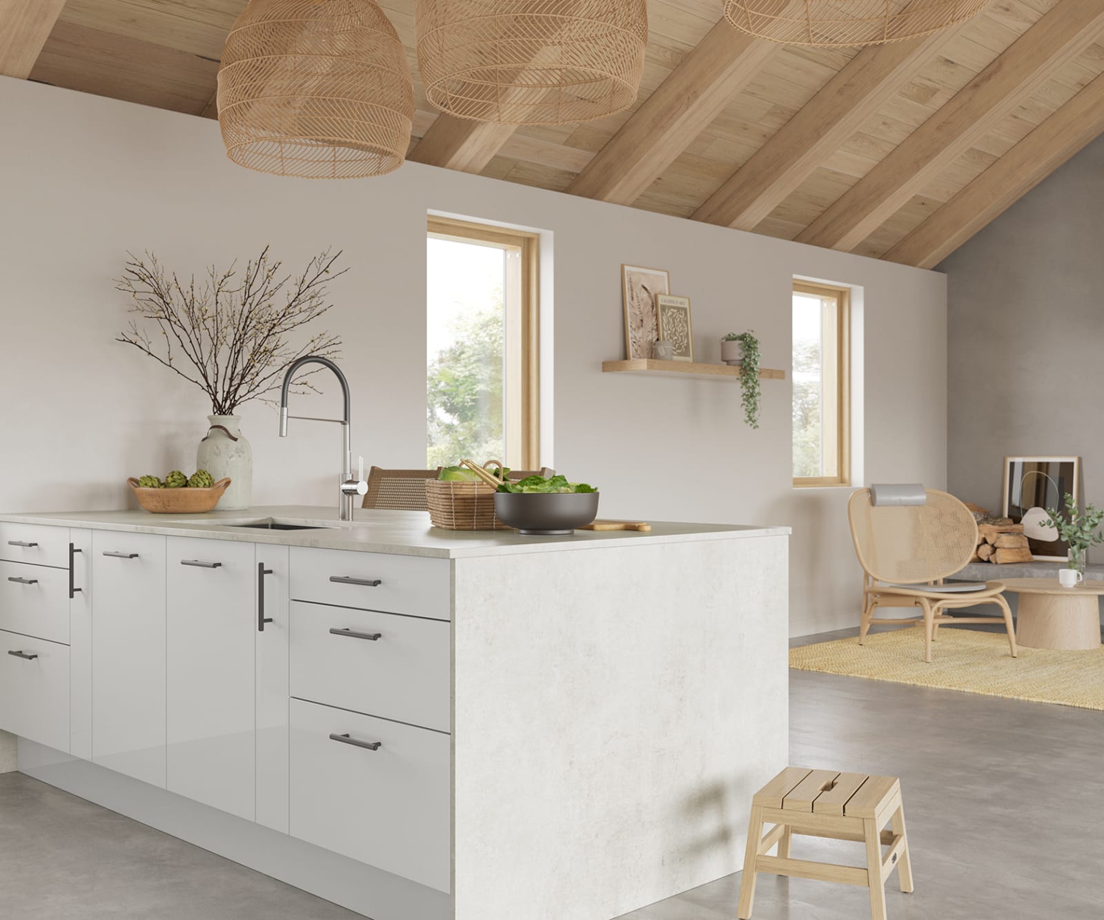 Hoxton kitchen. Smooth slab doors in a painted effect finish. Minimalist styling with your choice of handles and three colours.