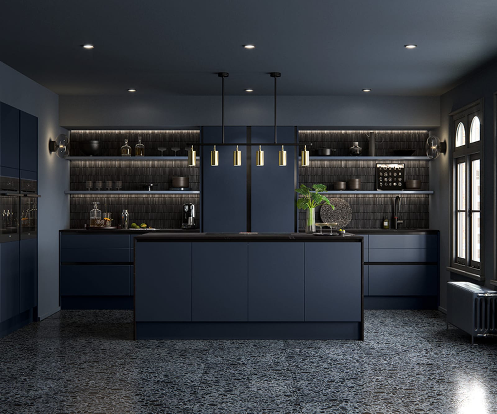 Integra Hoxton Kitchen from Magnet available in metallic midnight blue. Smooth slab doors and a painted effect finish.