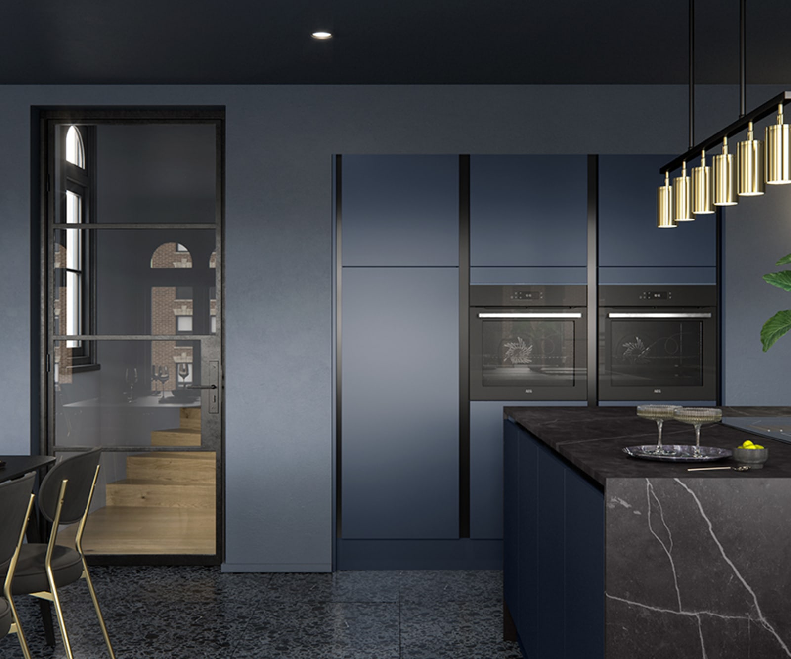 Integra Hoxton Kitchen from Magnet available in metallic midnight blue. Smooth slab doors and a painted effect finish.