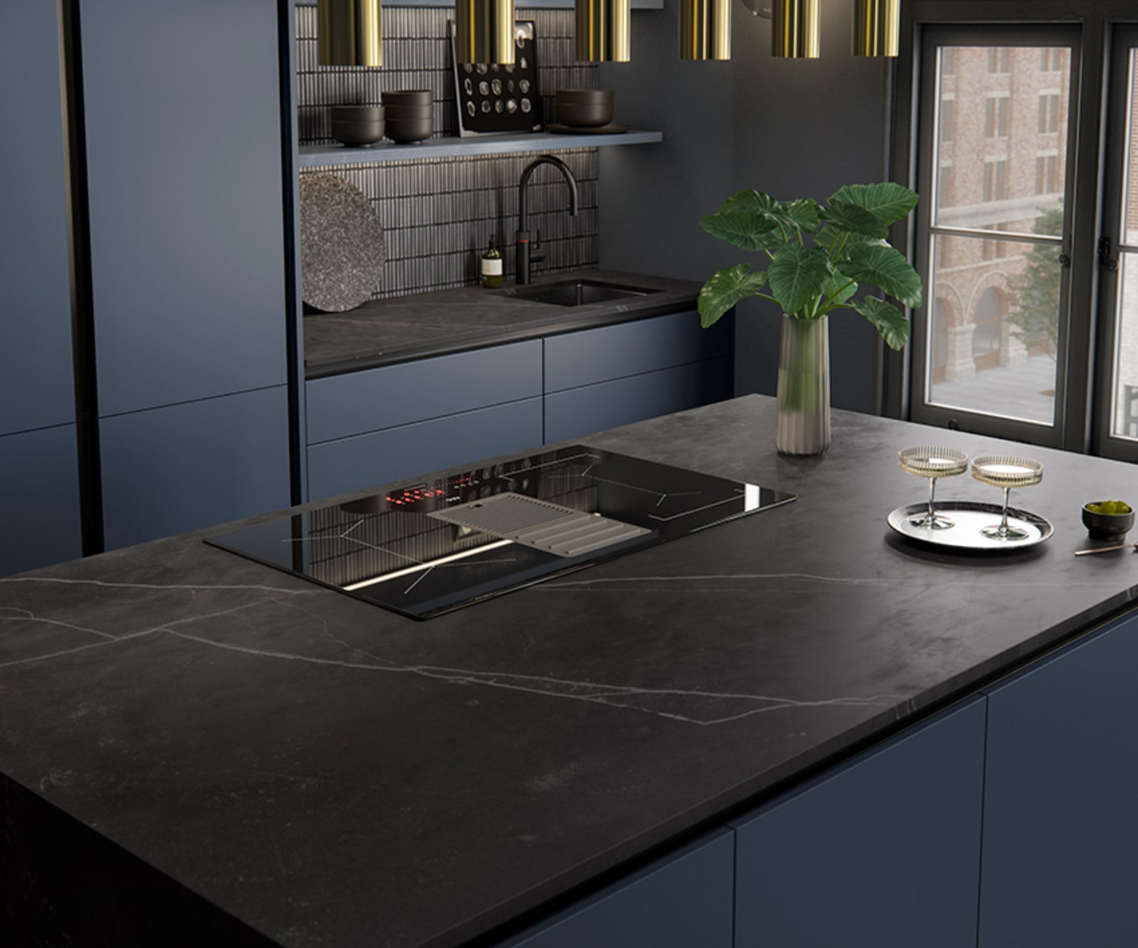 Integra Hoxton Kitchen from Magnet available in metallic midnight blue. Smooth slab doors and a painted effect finish.