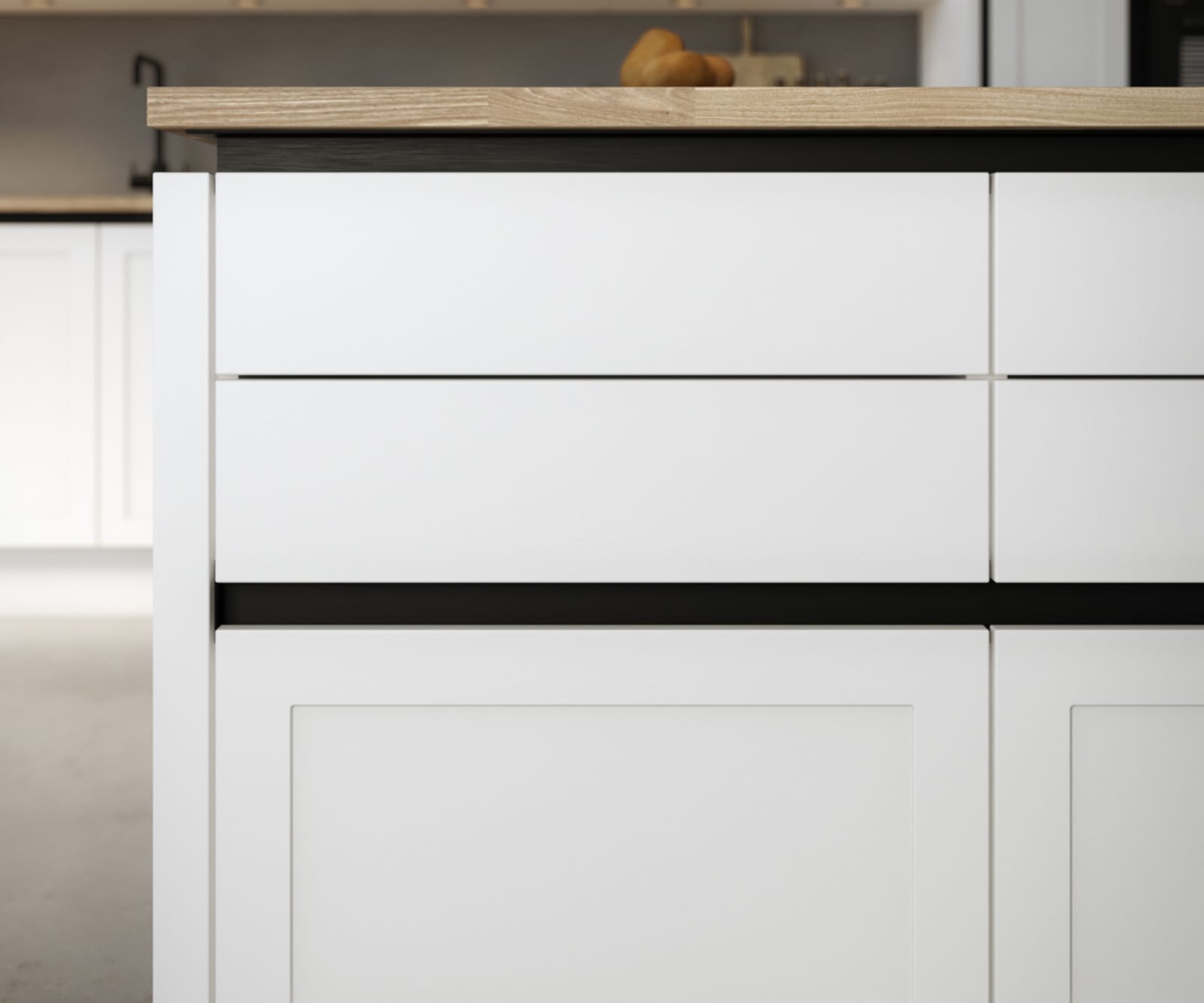 Integra Dunham Kitchen by Magnet. Premium painted matt finish with unique door style available in 20 colours.