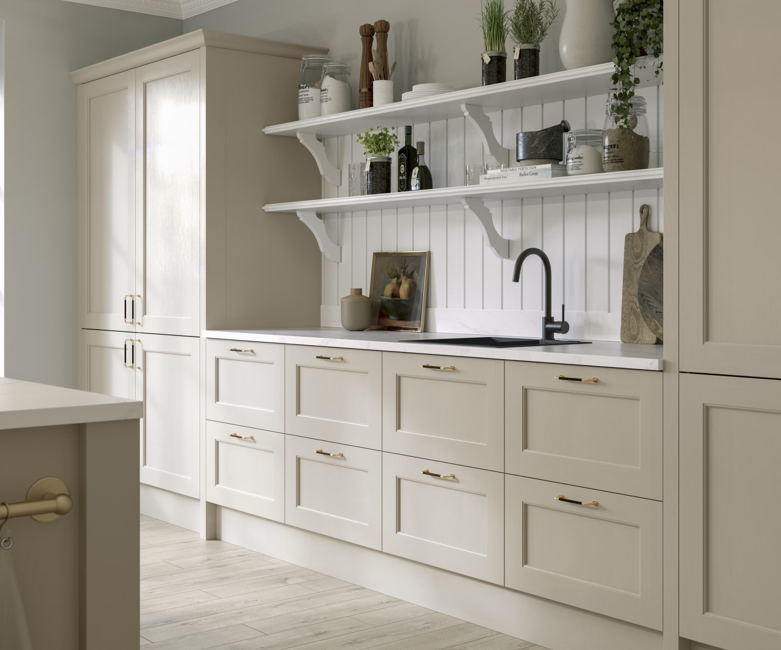 Ludlow kitchen, a Shaker door with a modern country-style in the neutral shade Pebble path paired with white open shelves and wall panelling.