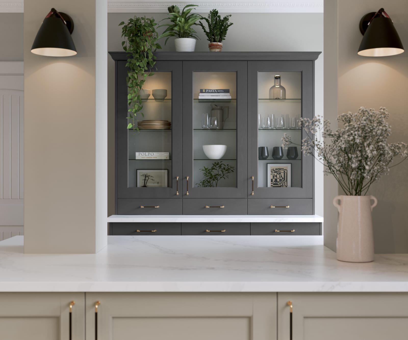 Ludlow kitchen, a Shaker door with a modern country-style in the neutral shade Pebble path paired with dark grey tall glass door display cabinets.