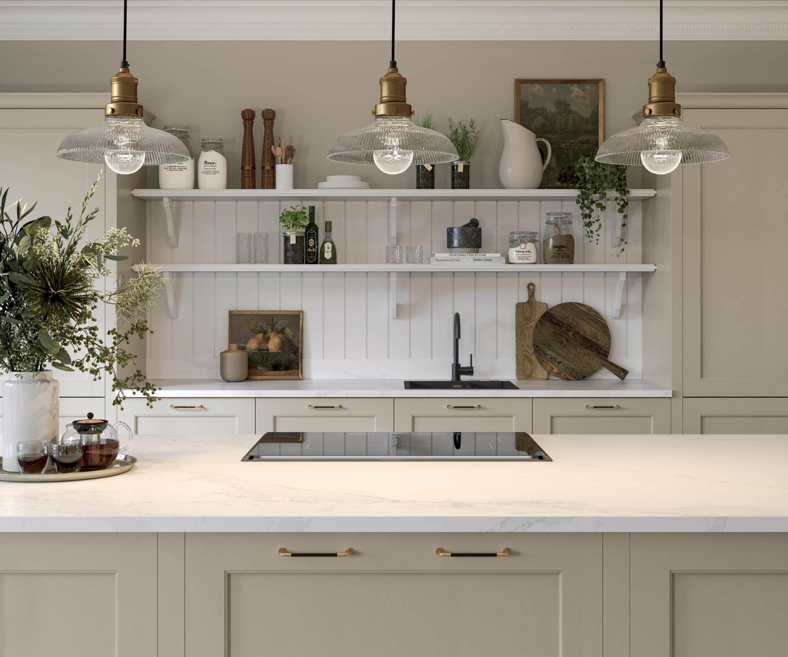 Ludlow kitchen island, a Shaker door with a modern country-style in the neutral shade Pebble path matched with brass details and white open shelves with wall panelling.