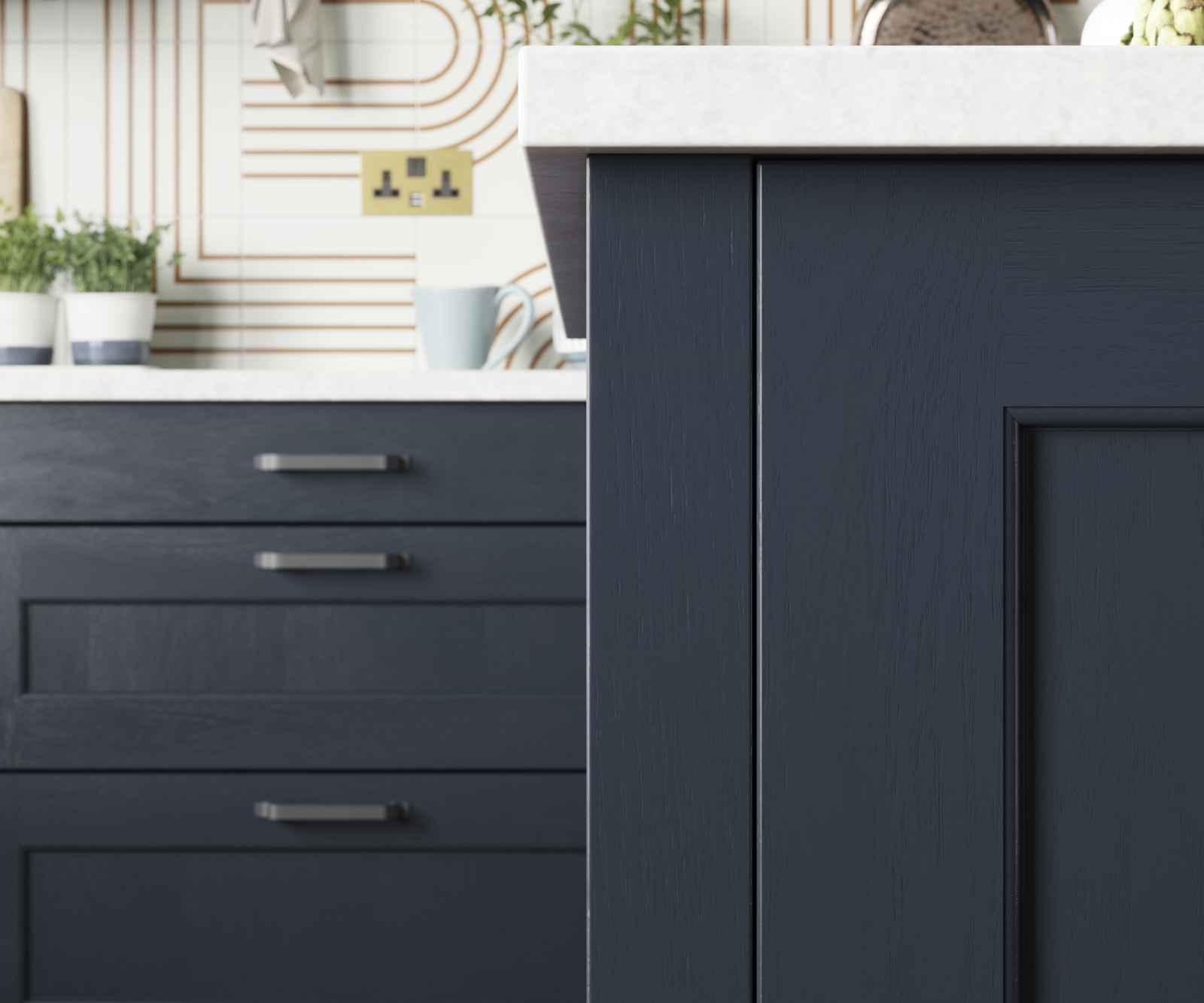 Close-up of modern country-style Shaker door Ludlow in dark blue shade Midnight.