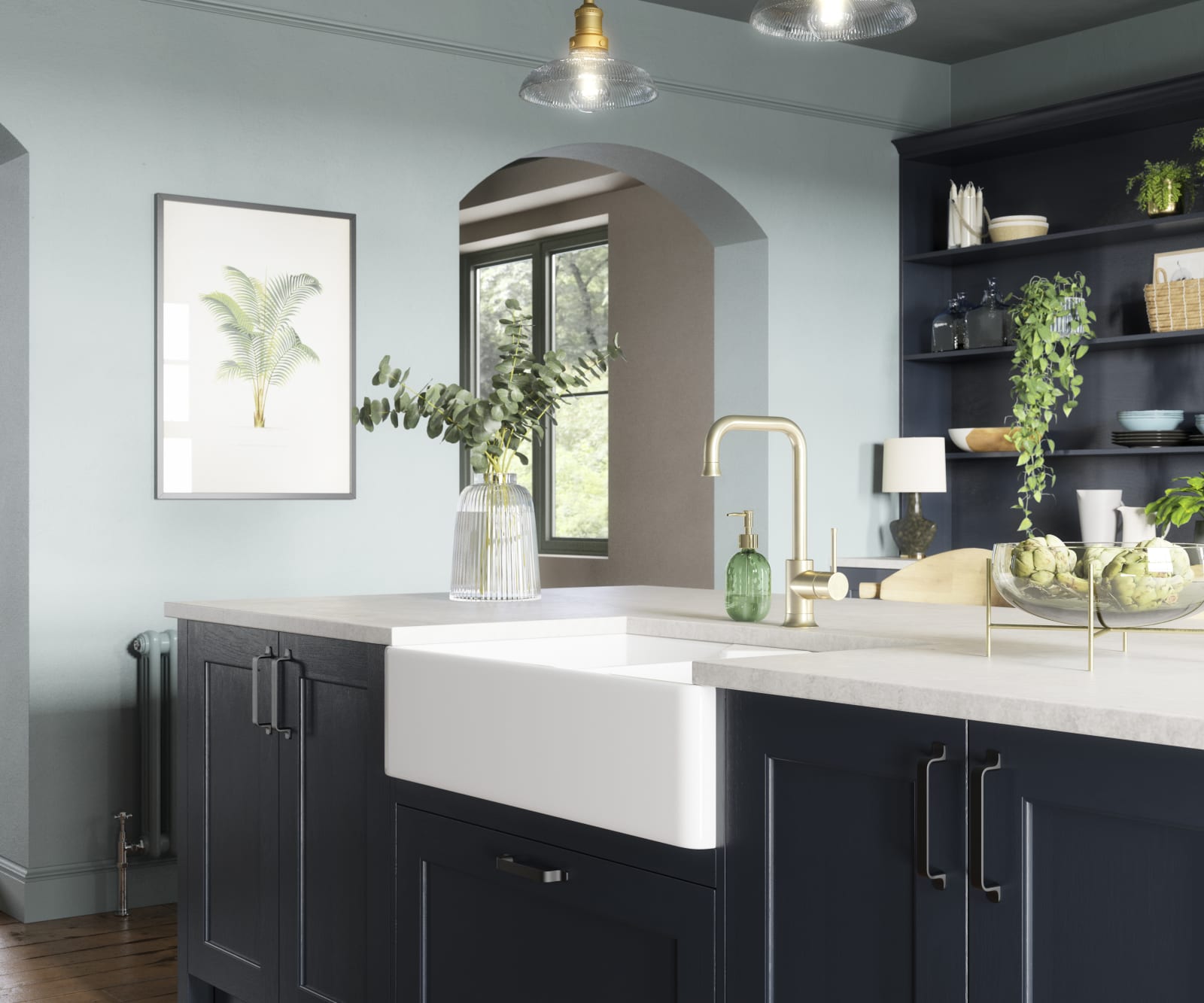 Modern country-style kitchen island with Shaker door Ludlow in dark blue shade Midnight, a porcelain sink, marbled worktop, brass tap and open shelves in matching blue.