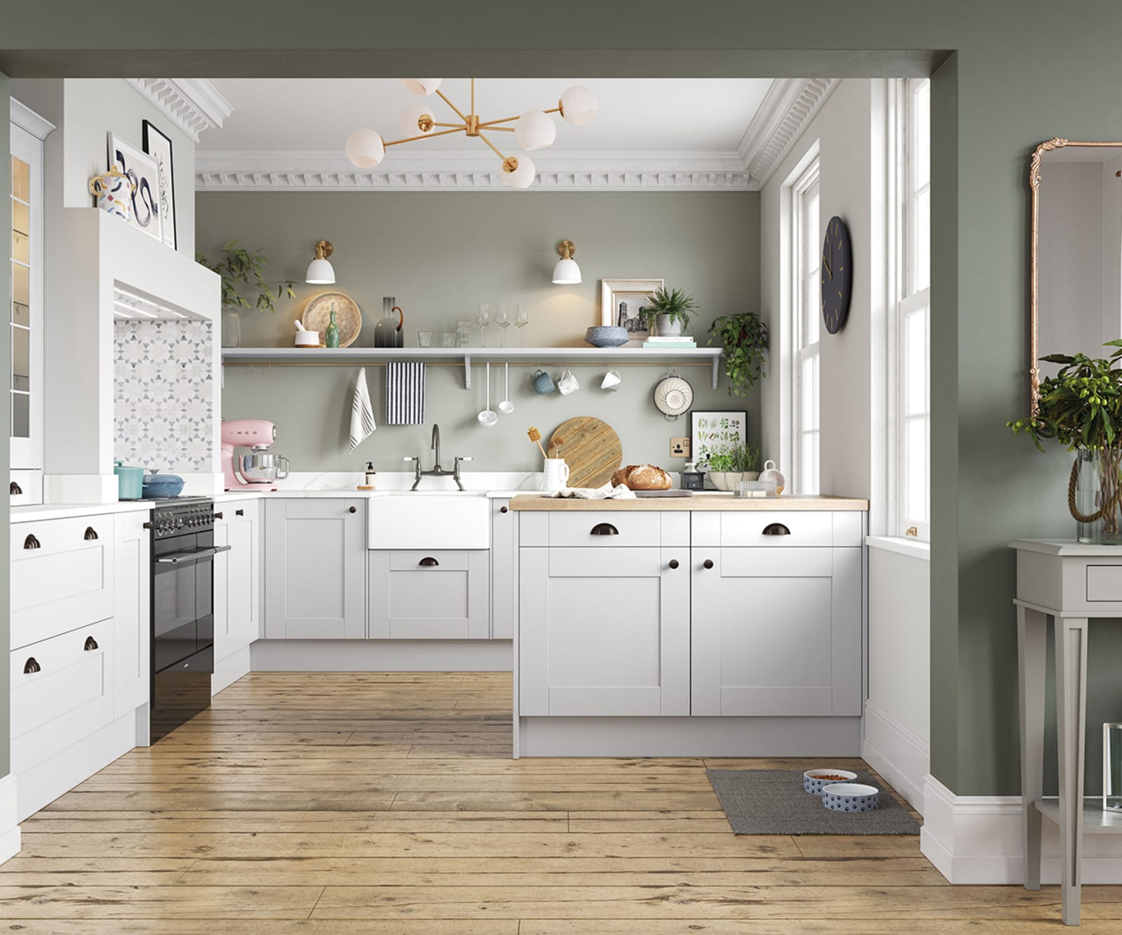 Winchester Dove grey, the wood grain effect affordable traditional kitchen by Magnet, with open flor plan and a matching kitchen island.