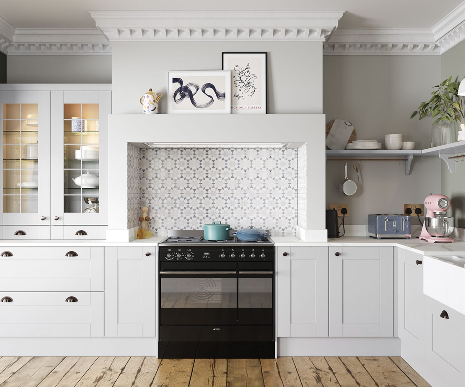 Winchester Dove grey, the wood grain effect affordable traditional kitchen by Magnet, with display cabinets.
