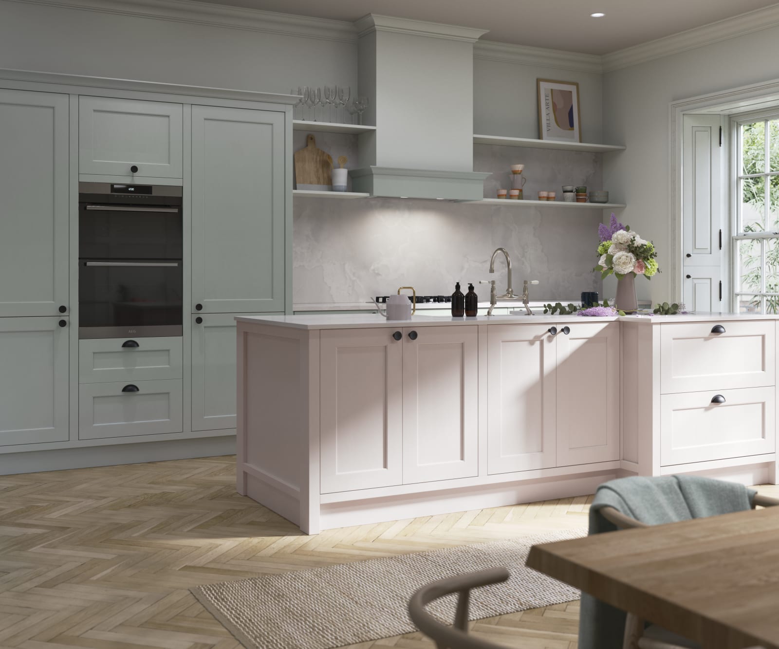 Ludlow, a traditional Shaker-style kitchen range featuring panelled doors with visible woodgrain and beading detail, in the light airy shade Seagrass.