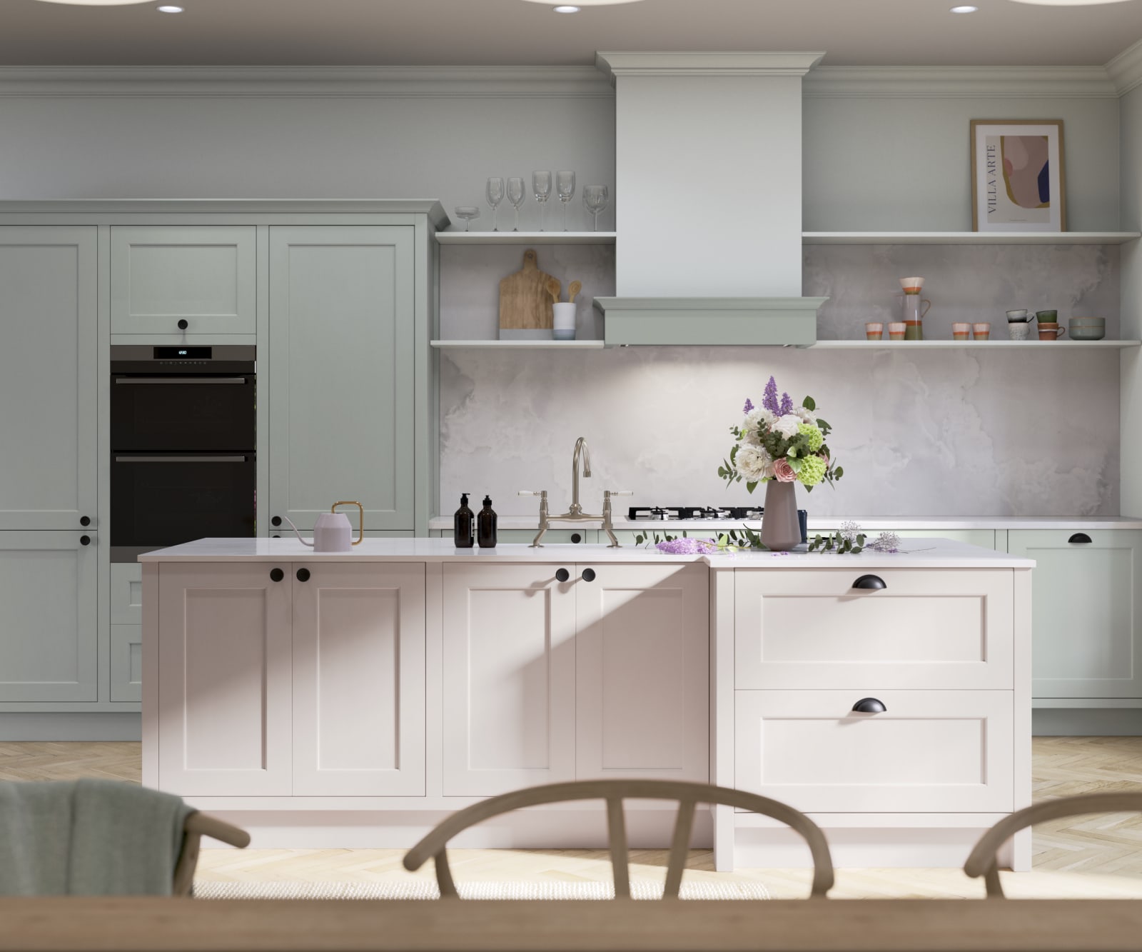 Ludlow, a traditional Shaker-style kitchen range featuring panelled doors with visible woodgrain and beading detail, in the light airy shade Seagrass.