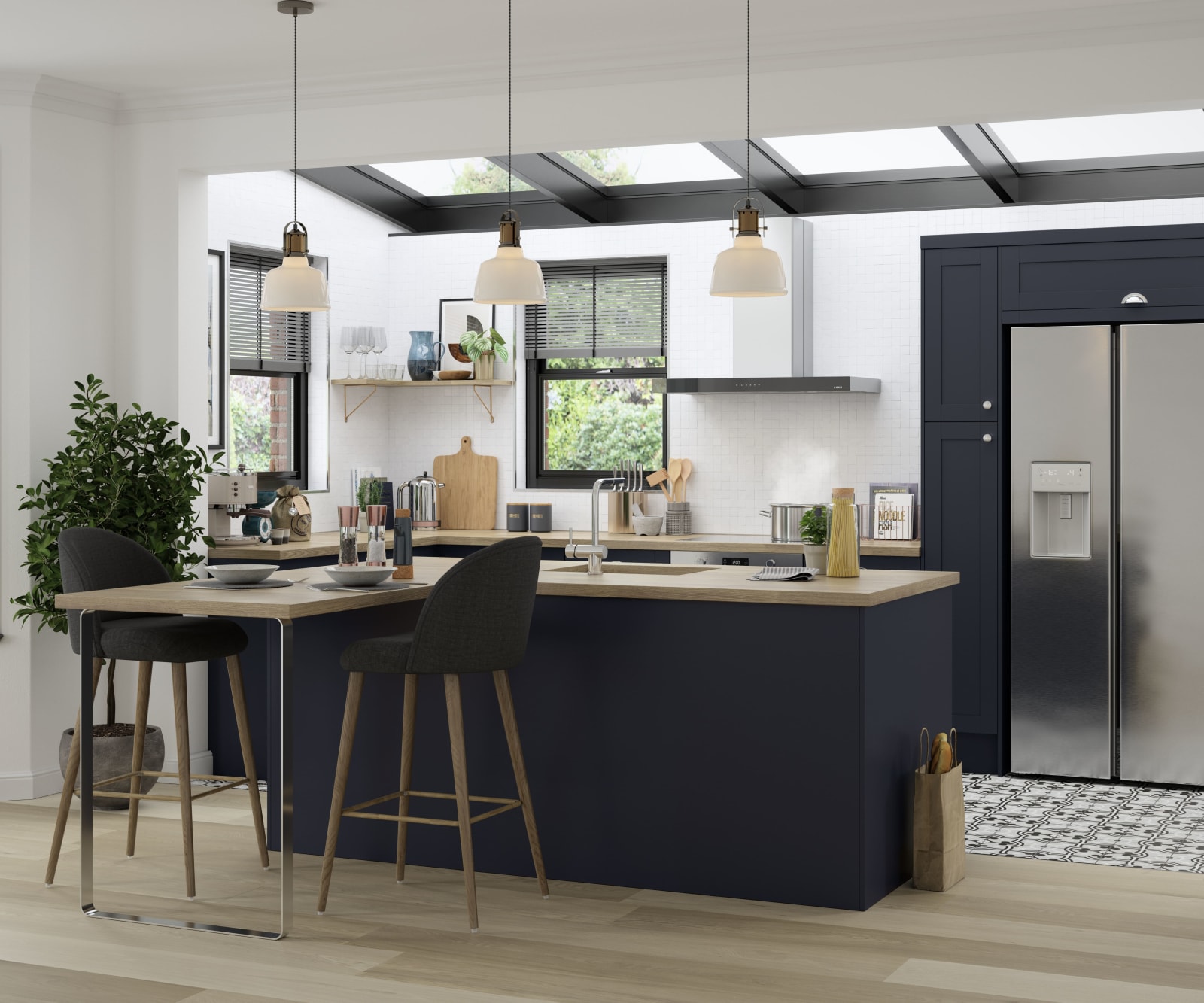 Full room view of Tatton Midnight kitchen from Magnet, a contemporary dark blue narrow frame shaker door, with a kitchen island and bar stools seating.