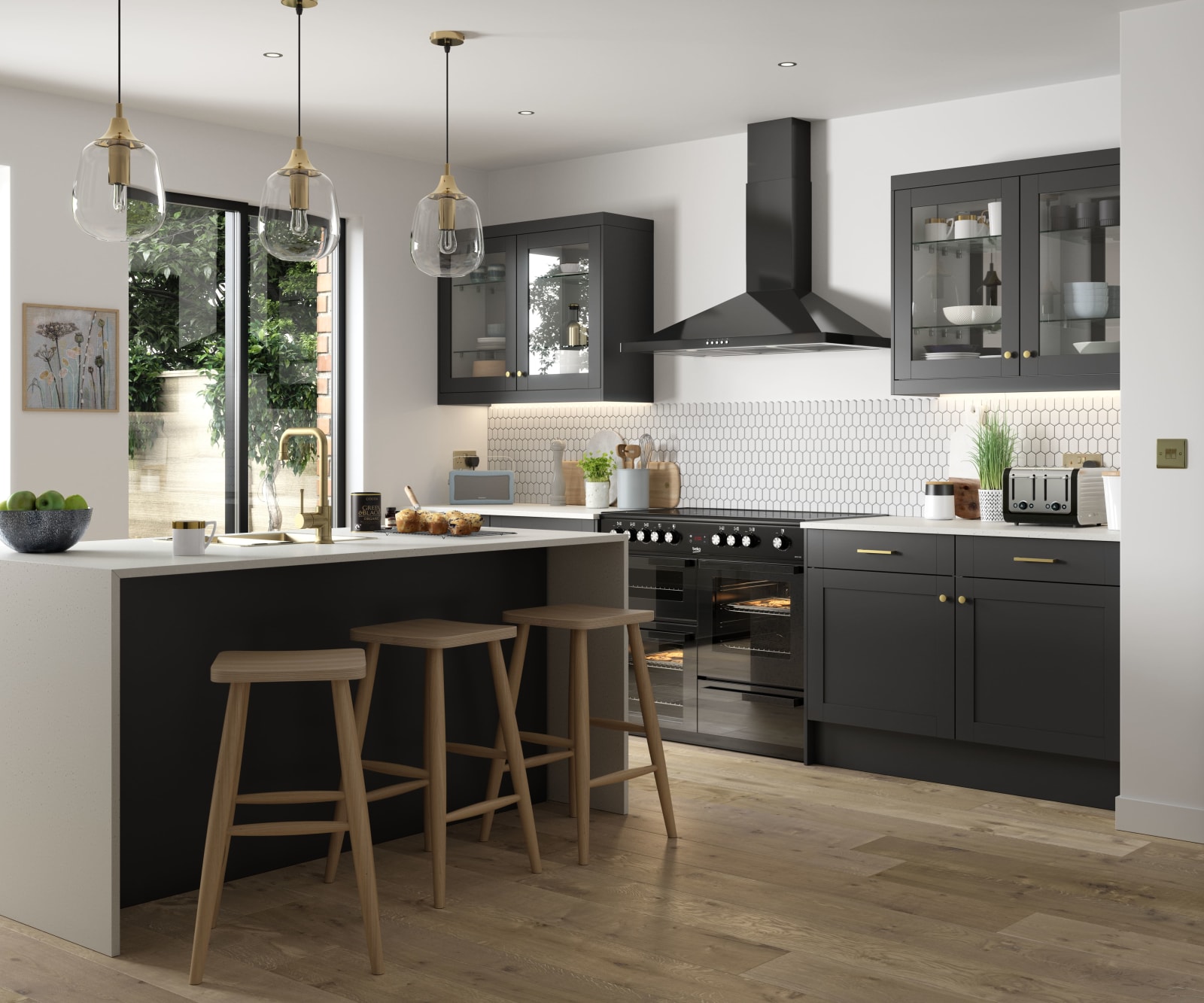 Tatton Graphite kitchen from Magnet, a contemporary dark grey narrow frame shaker door with a kitchen island featuring bar stool seating.