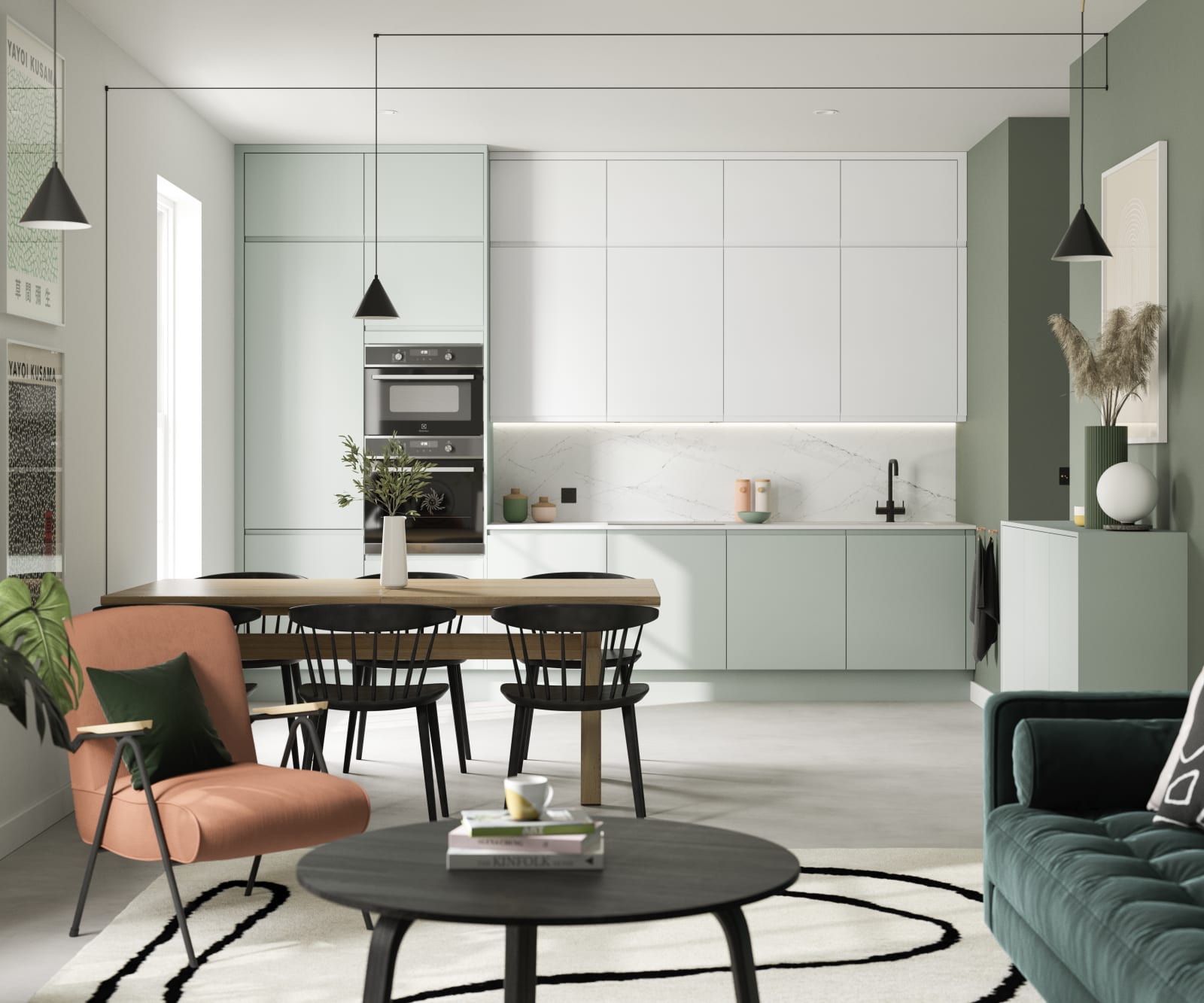 Minimalist kitchen design Luna, in the light and airy green shade Seagrass, with its integrated handle that gives any kitchen a beautiful, sleek finish.