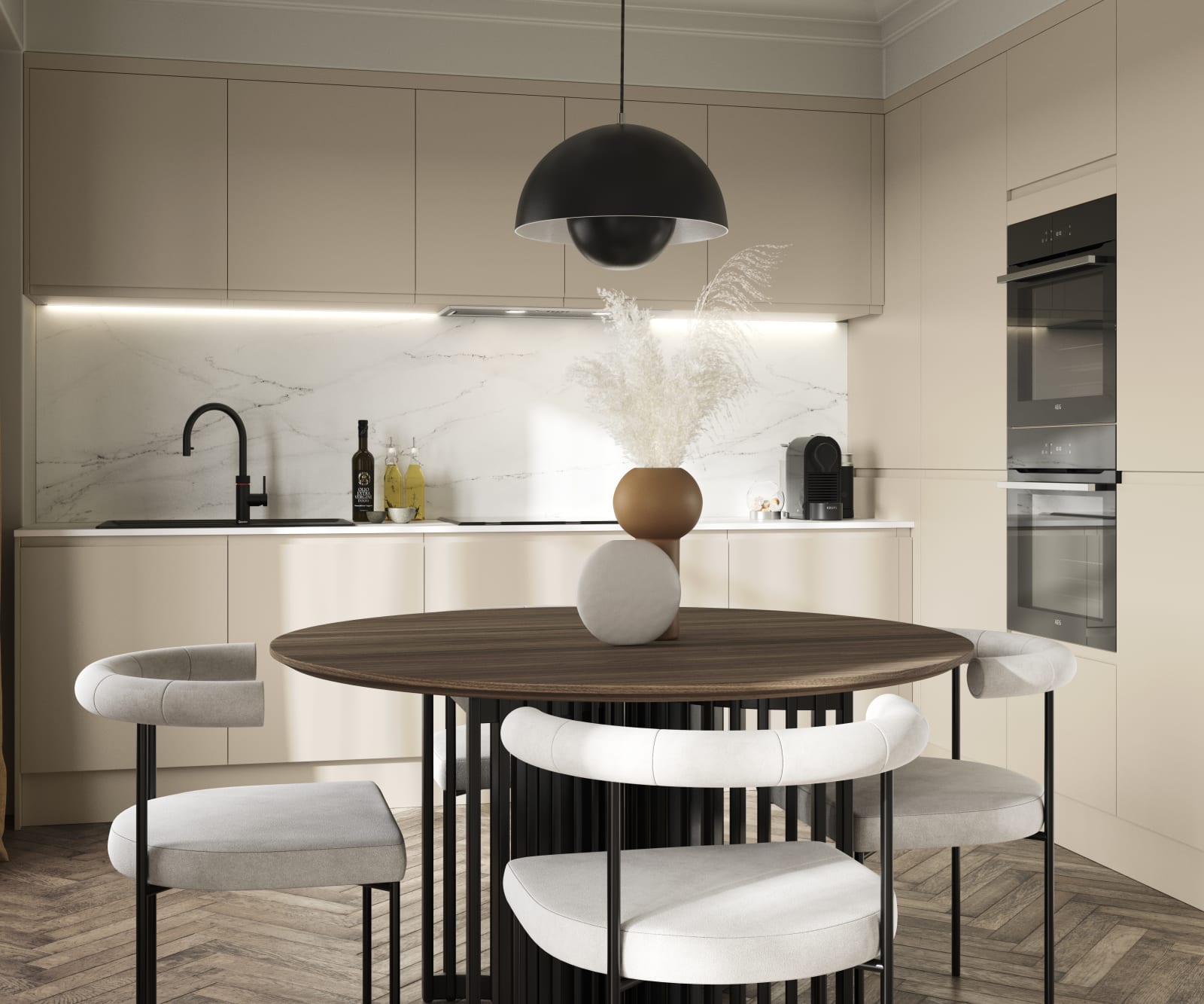 Luna in the shade Pebble is the ideal base for a minimalist kitchen design with its integrated handle that gives any kitchen a beautiful, sleek finish.
