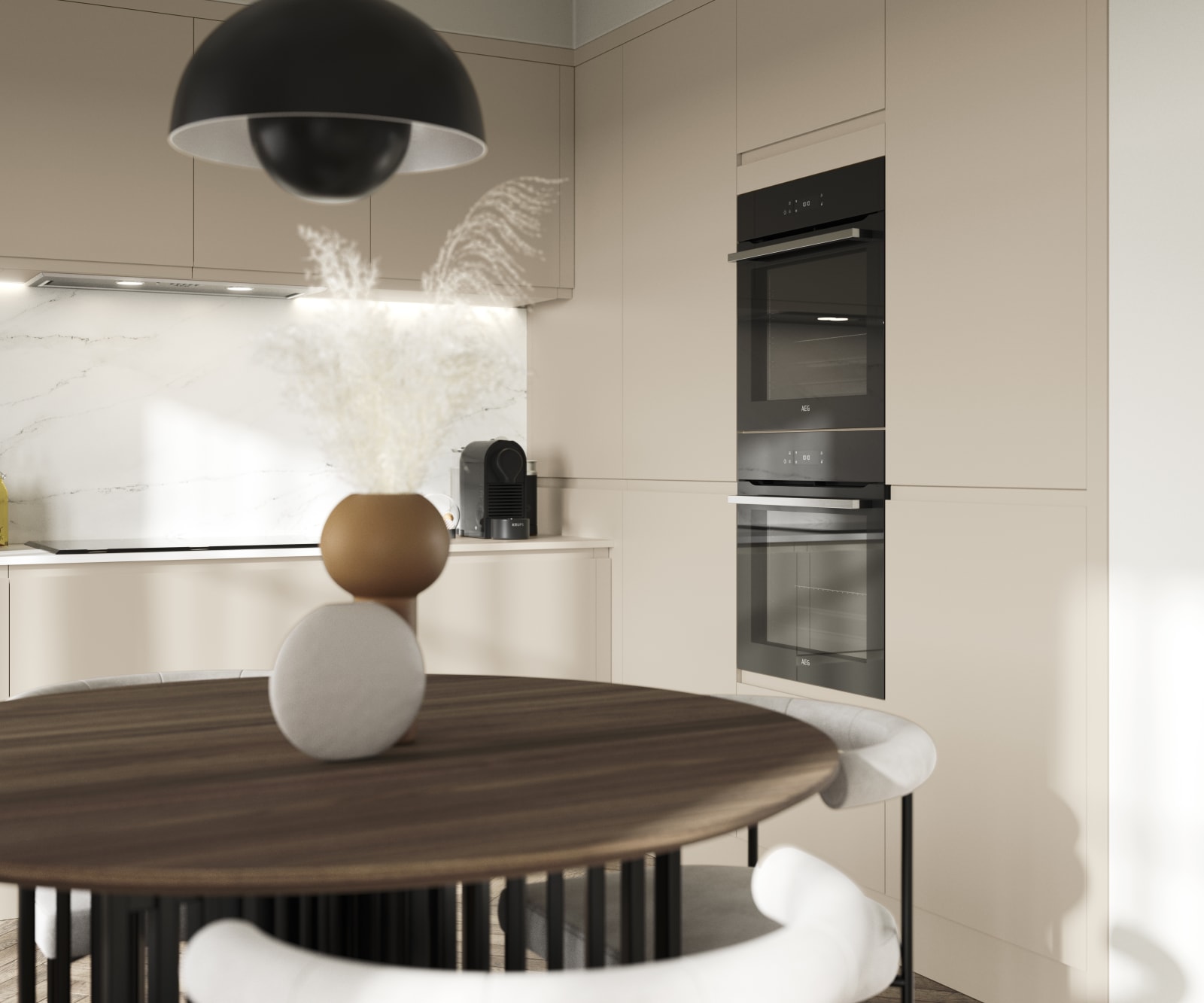 Luna in the shade Pebble is the ideal base for a minimalist kitchen design with its integrated handle that gives any kitchen a beautiful, sleek finish.