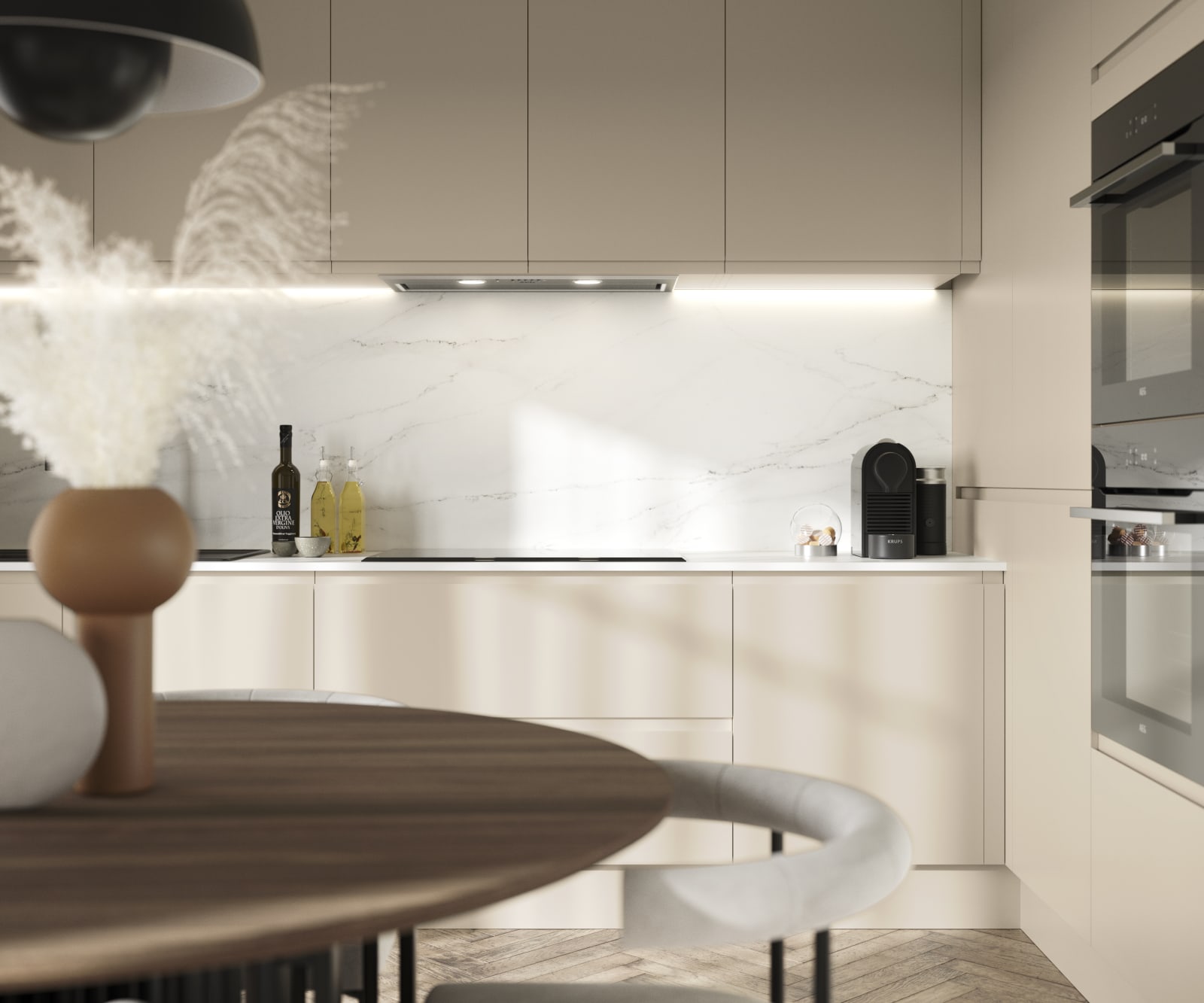Luna in the shade Pebble is the ideal base for a minimalist kitchen design with its integrated handle that gives any kitchen a beautiful, sleek finish.