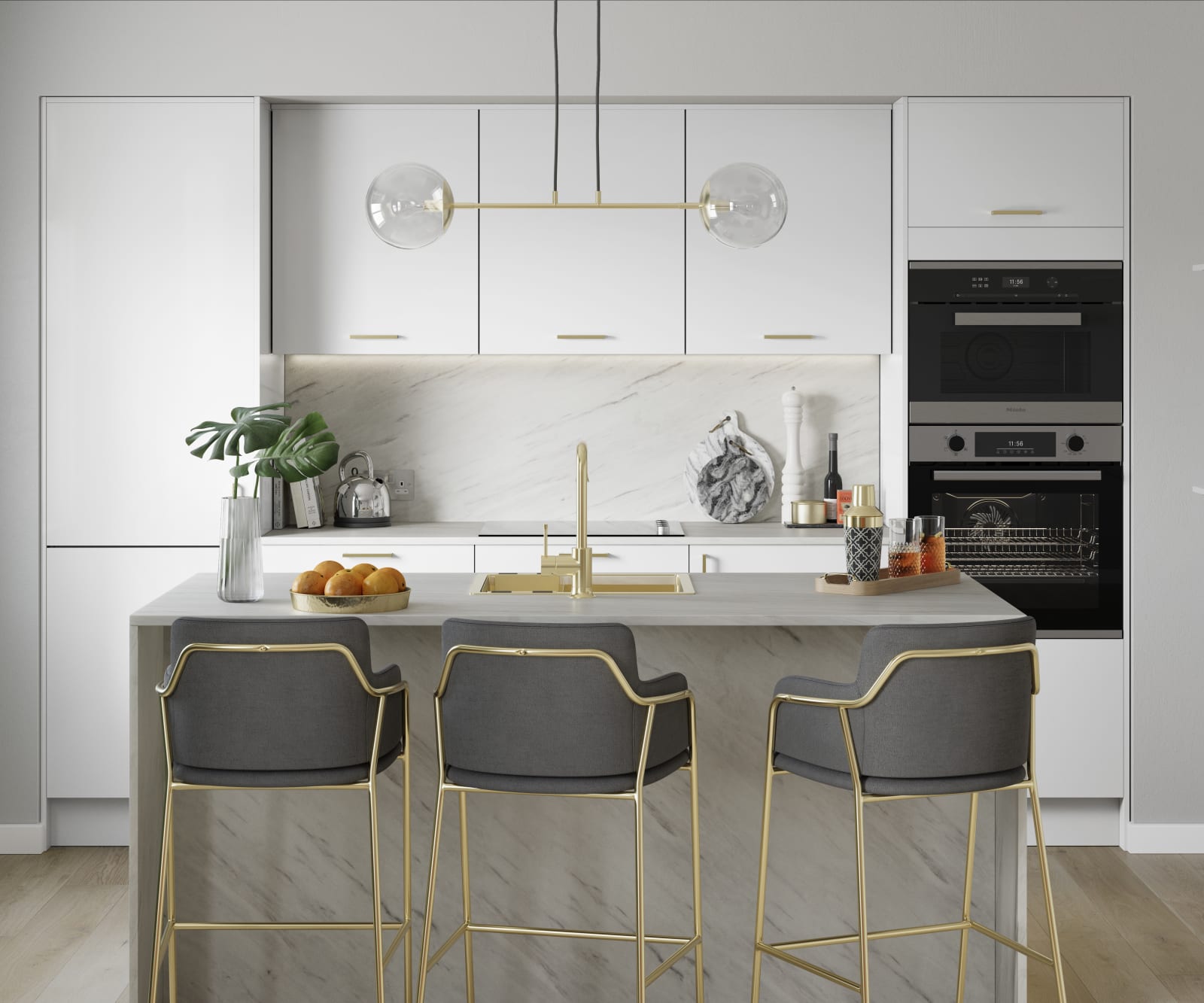 Nova Gloss White smooth slab surface cabinetry paired with light grey marbled worktop, splashbacks and brass details like tap, sink, chairs and lighting.