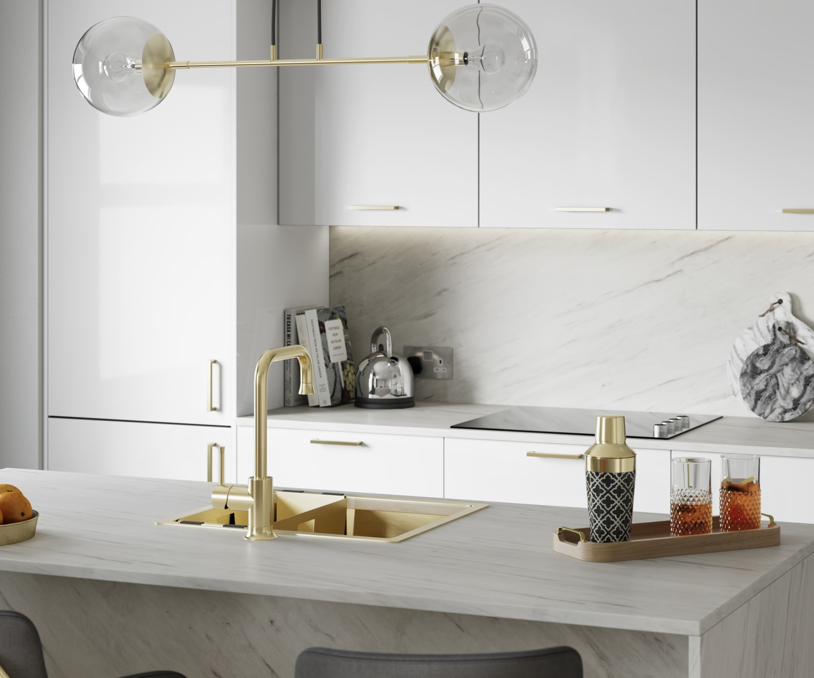 Close-up view of brass details in Nova Gloss White smooth slab surface kitchen.