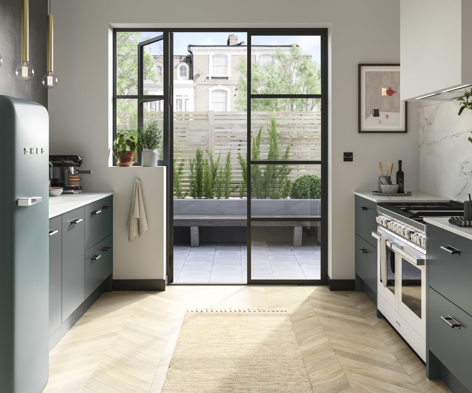 Soho kitchen in Arboretum Green with a blue Smeg fridge and glass doors to patio.