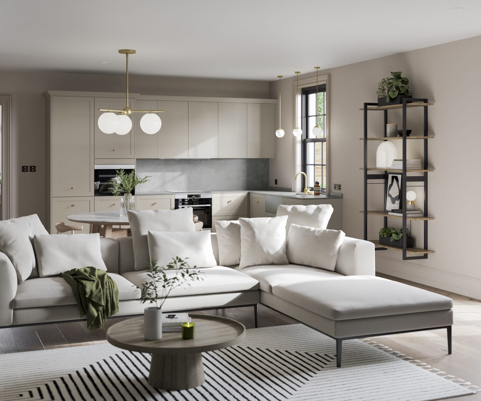 Open plan living room with Dunham kitchen in a creamy light shade.