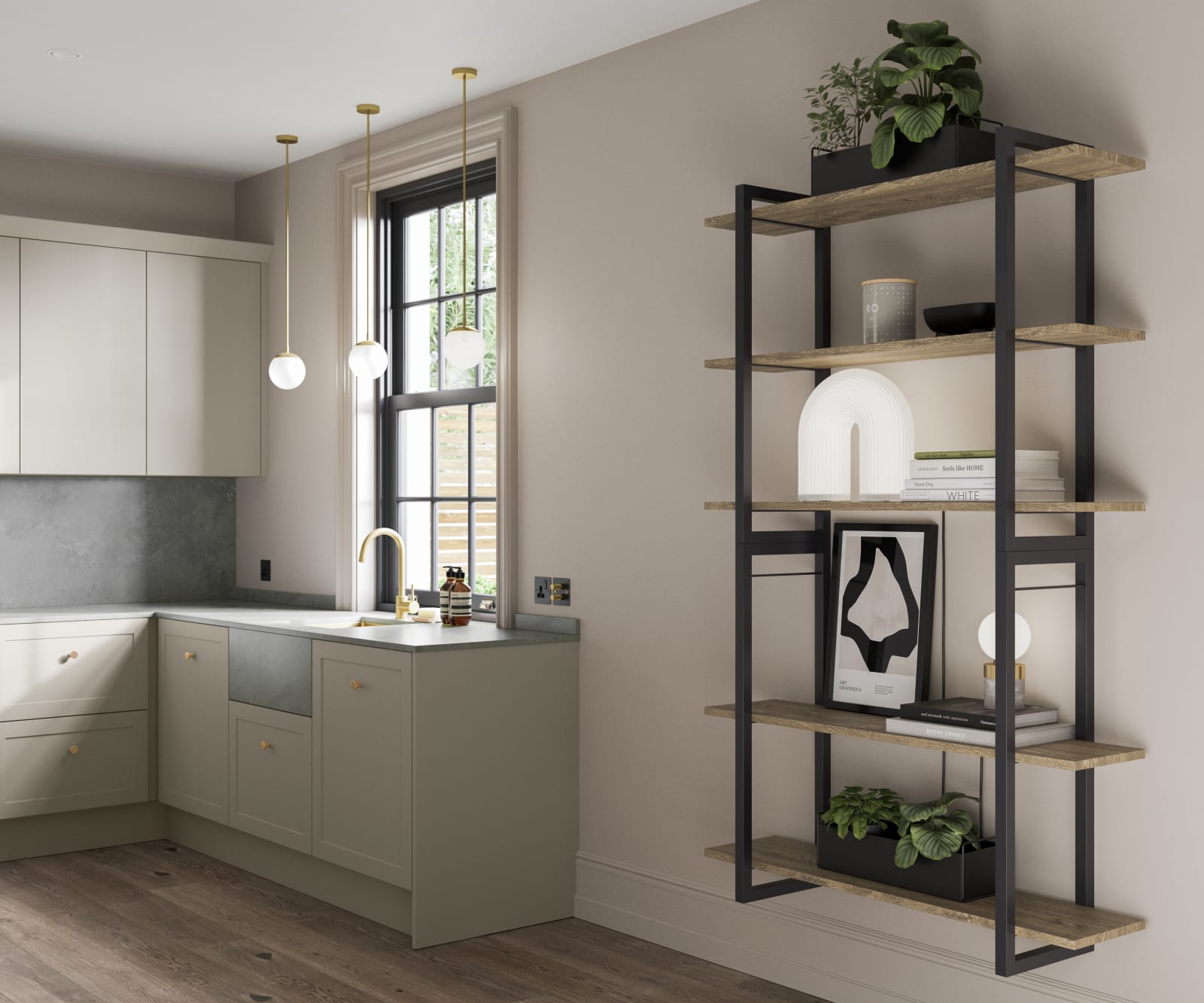 Dunham Pebble path kitchen combined with open wooden wall shelves on black matt metal frame.