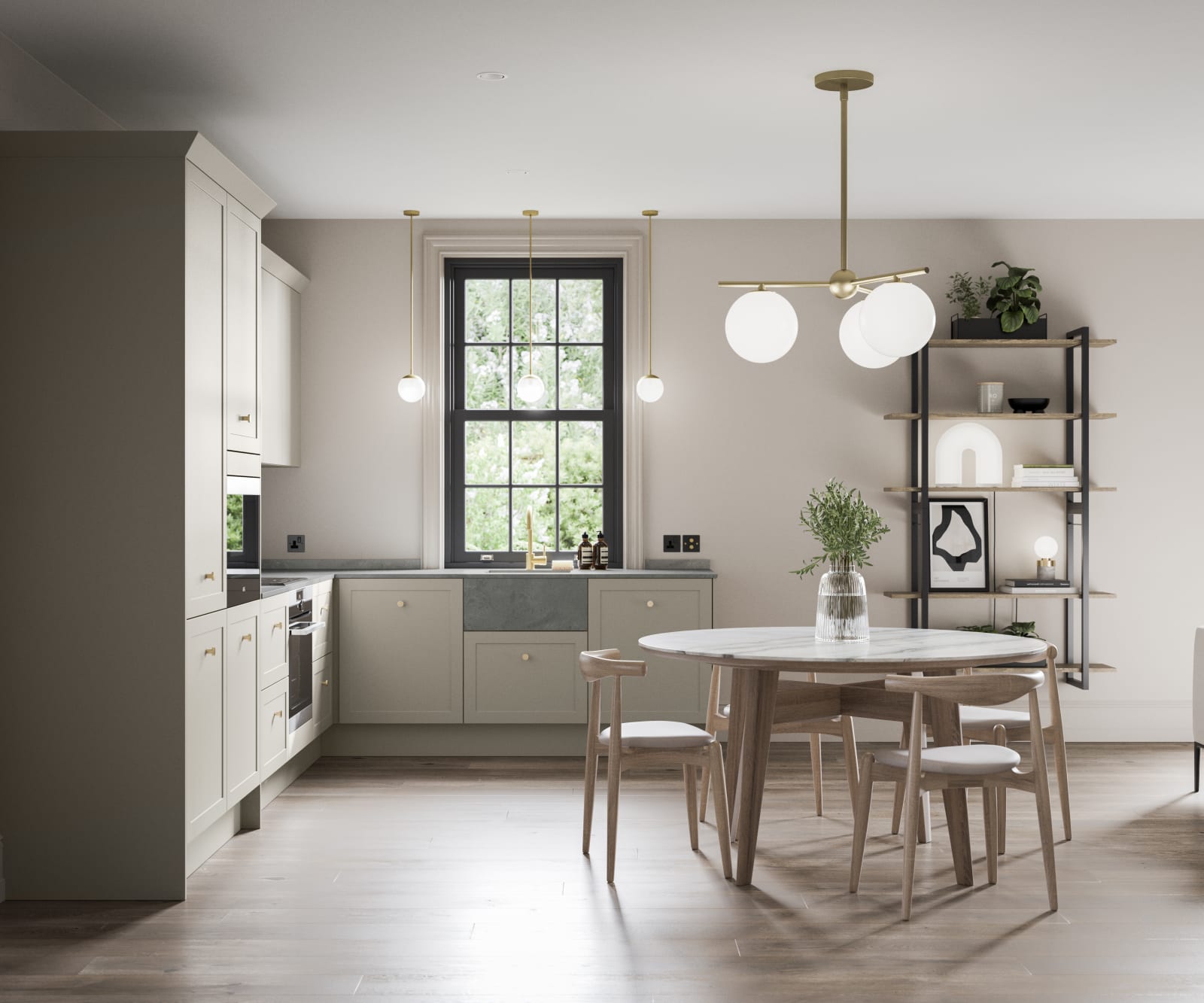 Light and nature tones open plan Dunham Pebble Path kitchen with dining table in light wood.