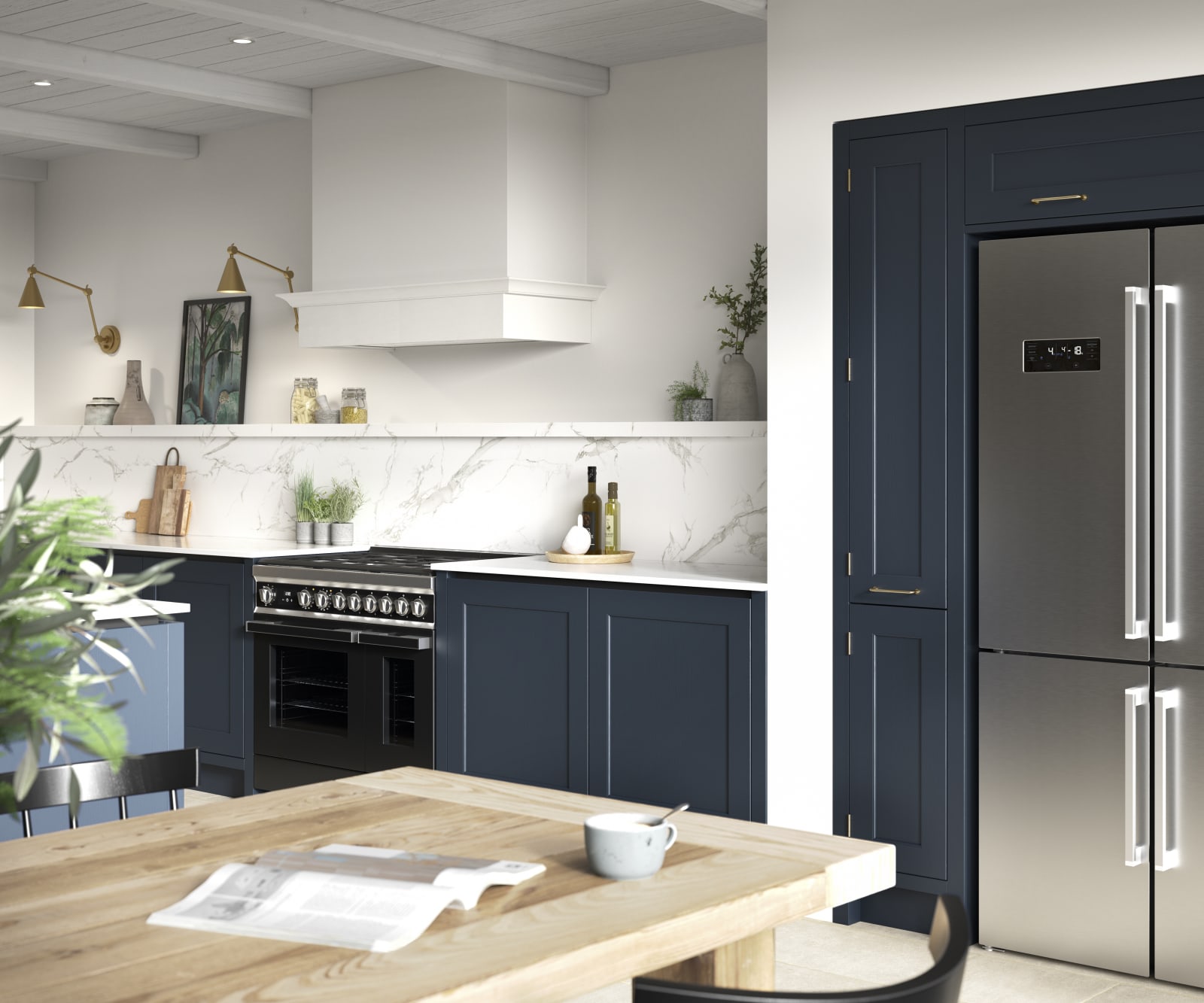 Open plan Shaker style kitchen in shade Midnight, with integrated handles, and an American fridge-freezer.