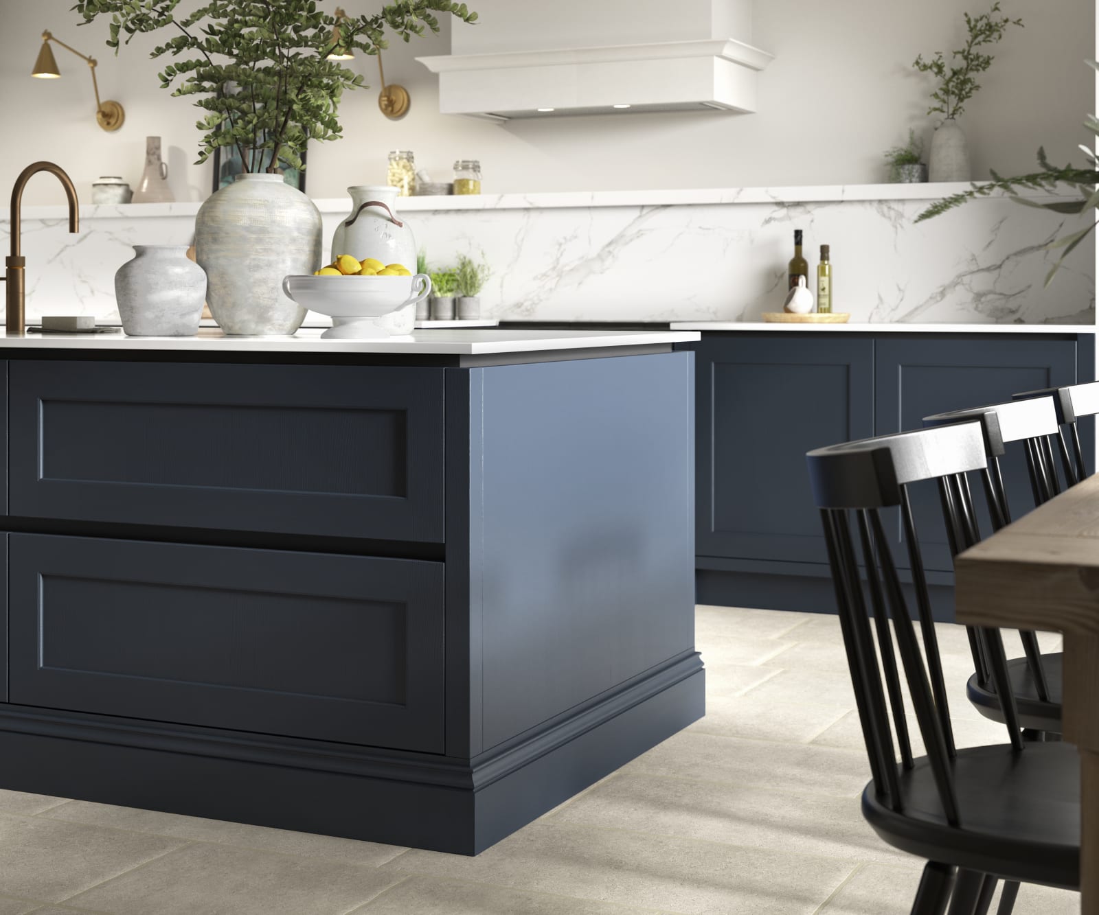 Close-up of kitchen island in Integra Ludlow, a contemporary take on a Shaker kitchen, with integrated handles.