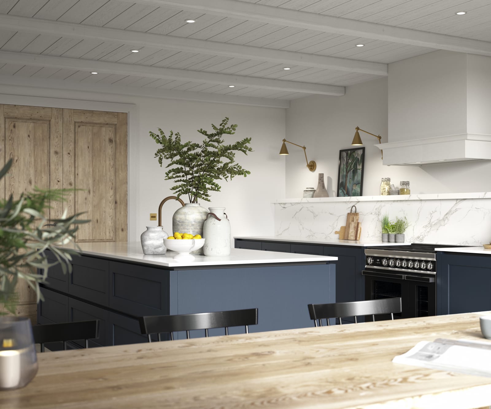 View of kitchen from dining room table, a modern and traditional kitchen decorated with green plats.