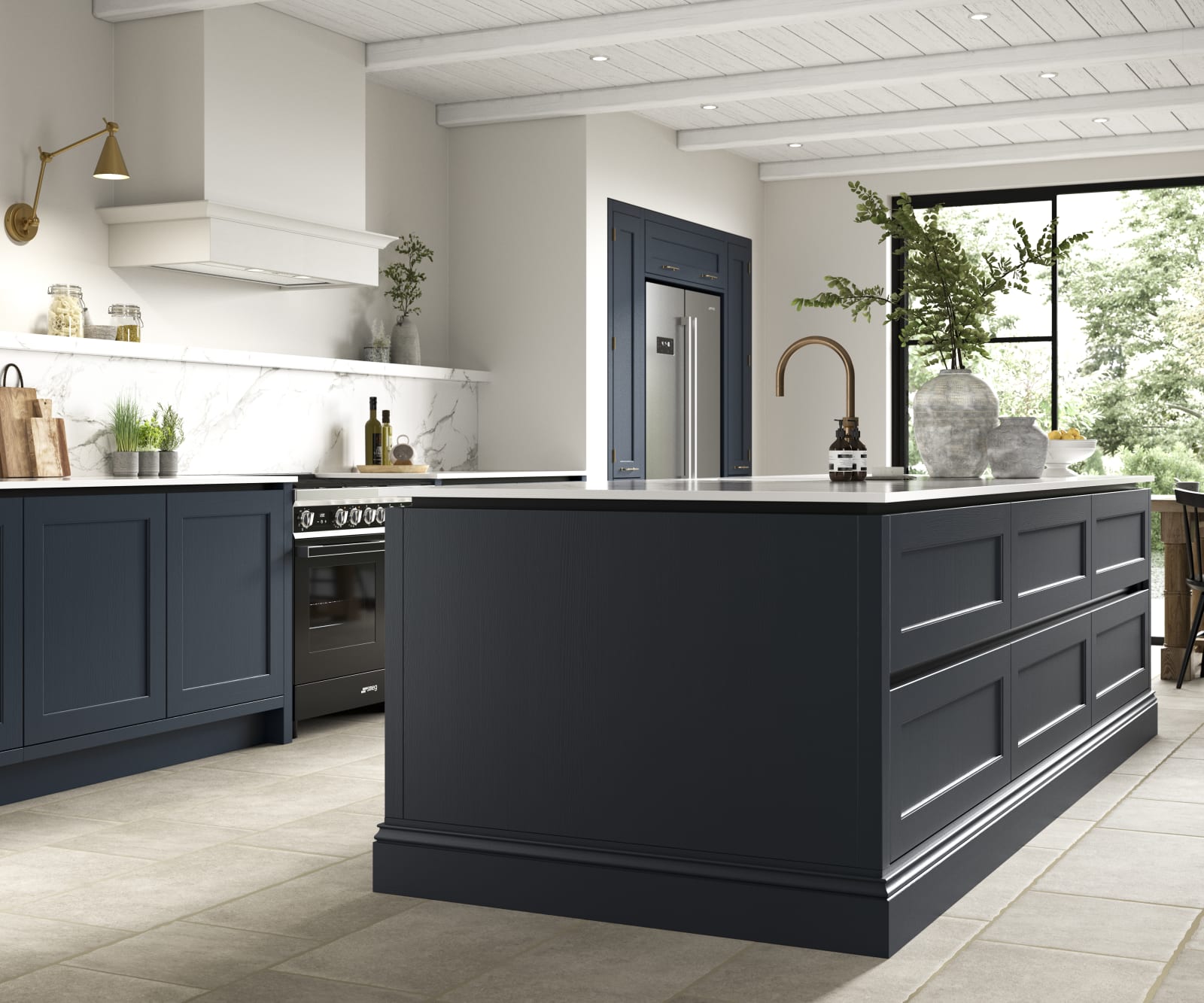 Open plan Integra Ludlow kitchen with kitchen island in dark blue shade Midnight.