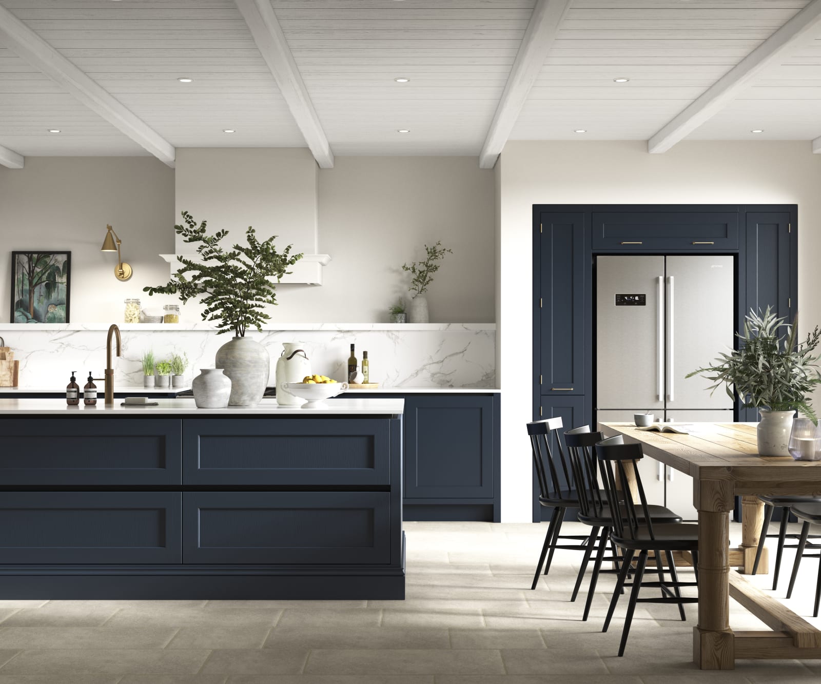 Open plan kitchen with kitchen island. Integra Ludlow is a contemporary take on a Shaker kitchen, with integrated handles.