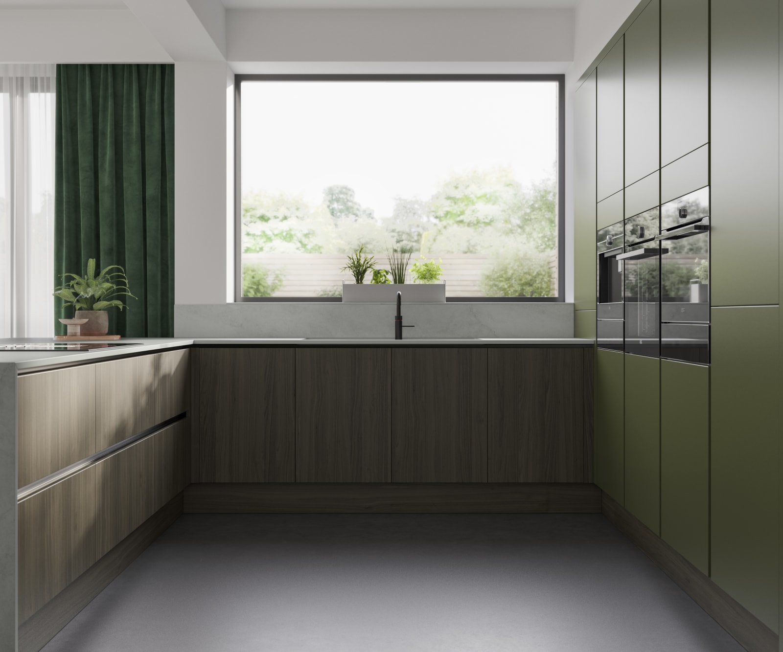 Integra Ascoli and Soho - a bright green and wood combination frameless slab door for a minimalist kitchen design.