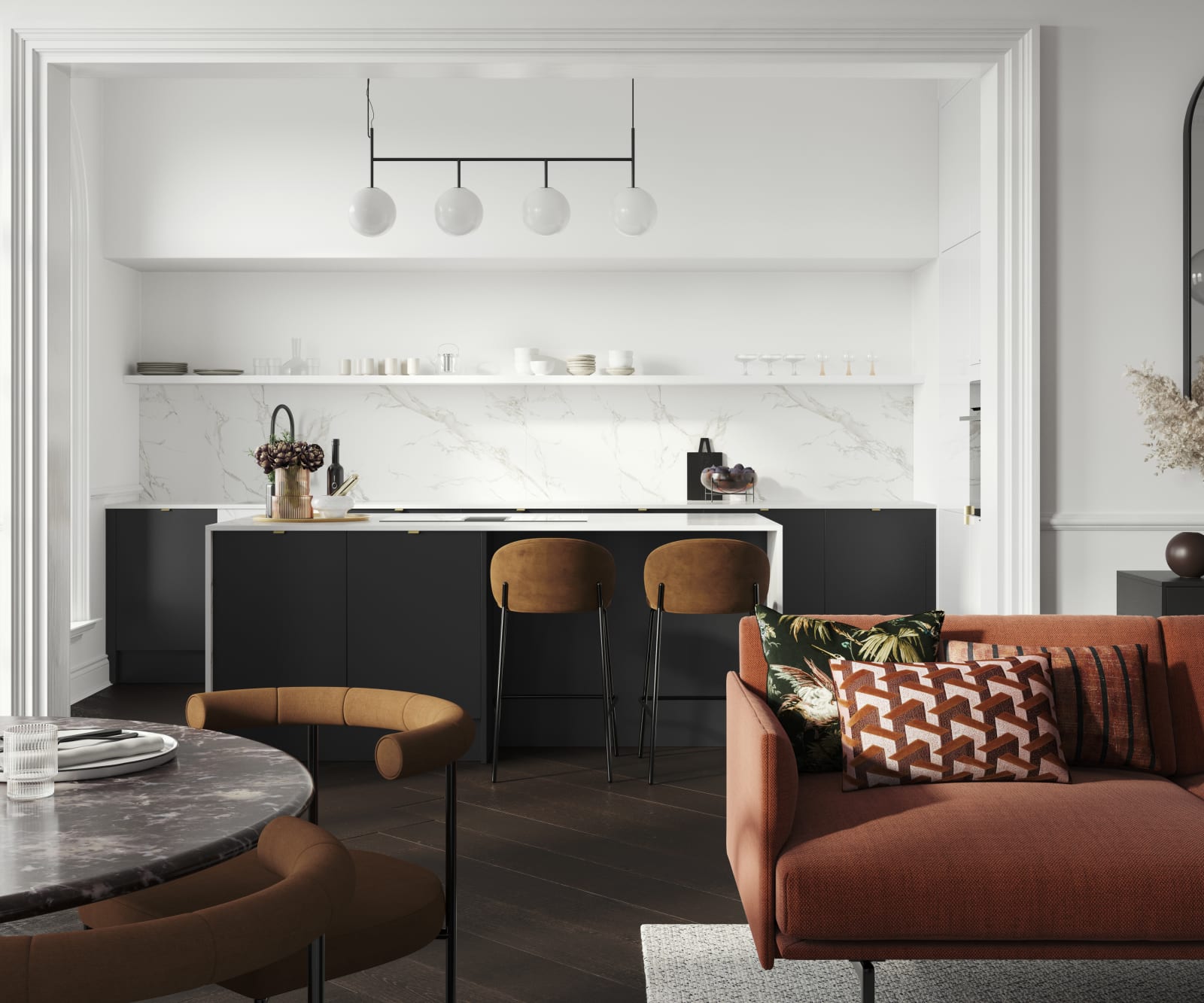 Minimal maximalism with Magnet's Hoxton kitchen in Sumi Black, combined with white marbled worktop and splashbacks and colourful interiors.