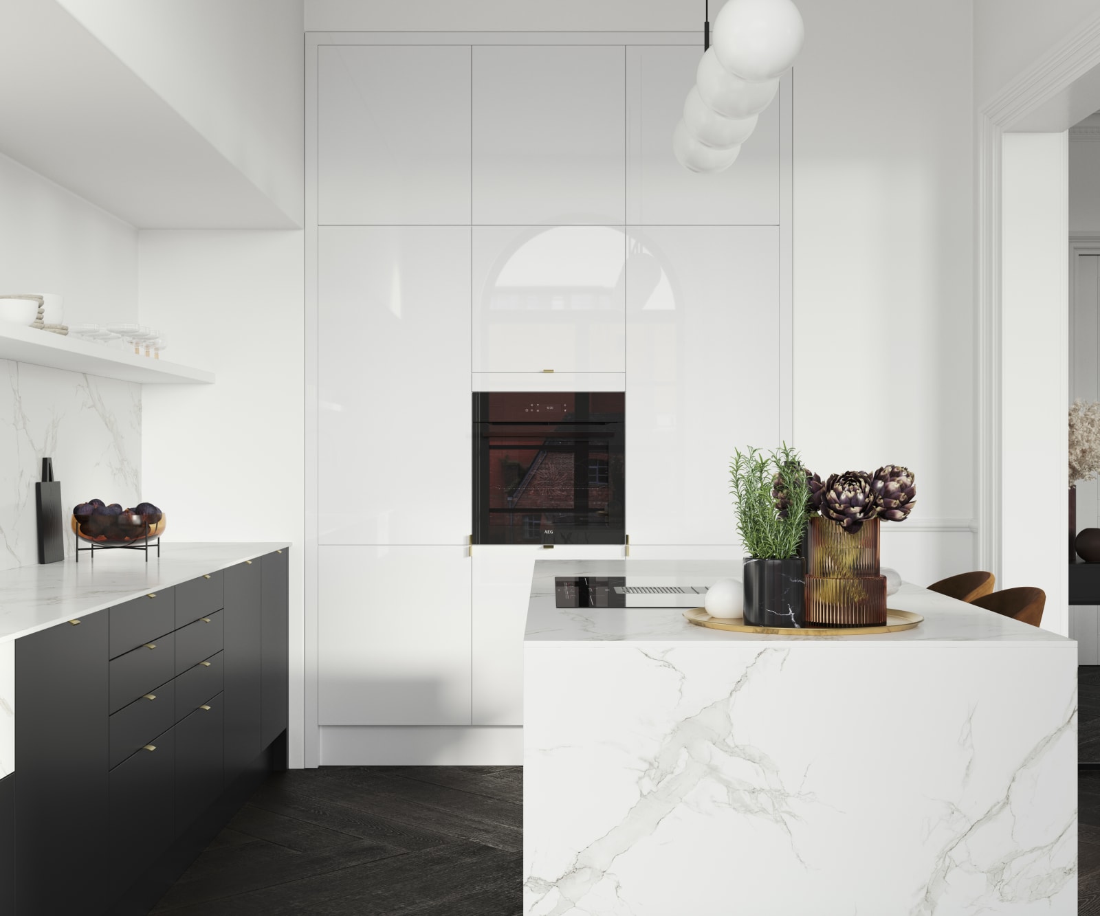 Side view of kitchen island, covered with marbled decor side in Magnet's minimal maximalism Hoxton kitchen in Sumi Black.