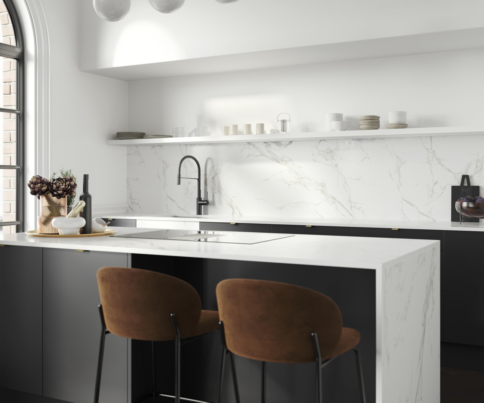 Bar stools at kitchen island, covered with marbled decor side in Magnet's minimal maximalism Hoxton kitchen in Sumi Black.