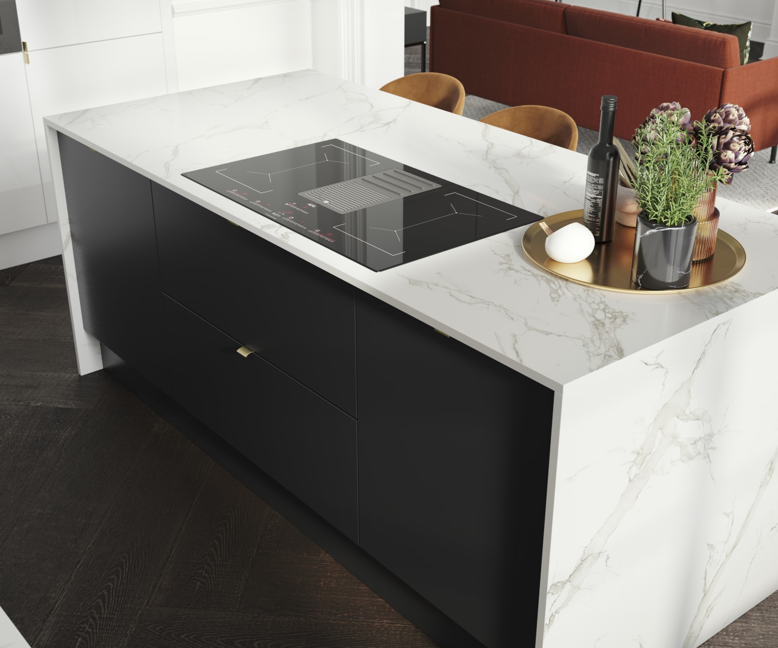 Overhead view of kitchen island, covered with marbled decor side in Magnet's minimal maximalism Hoxton kitchen in Sumi Black.