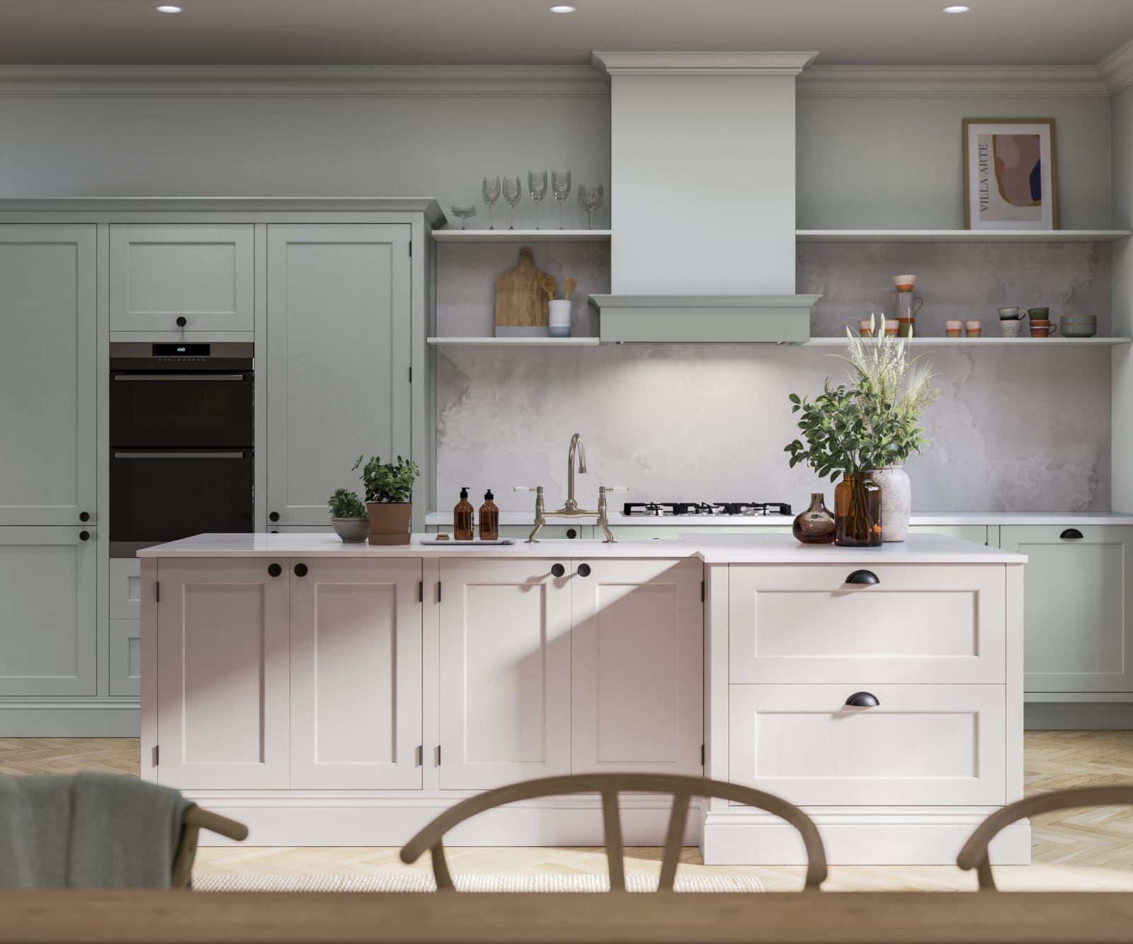 Traditional Shaker-style kitchen range featuring panelled doors with visible woodgrain and beading detail