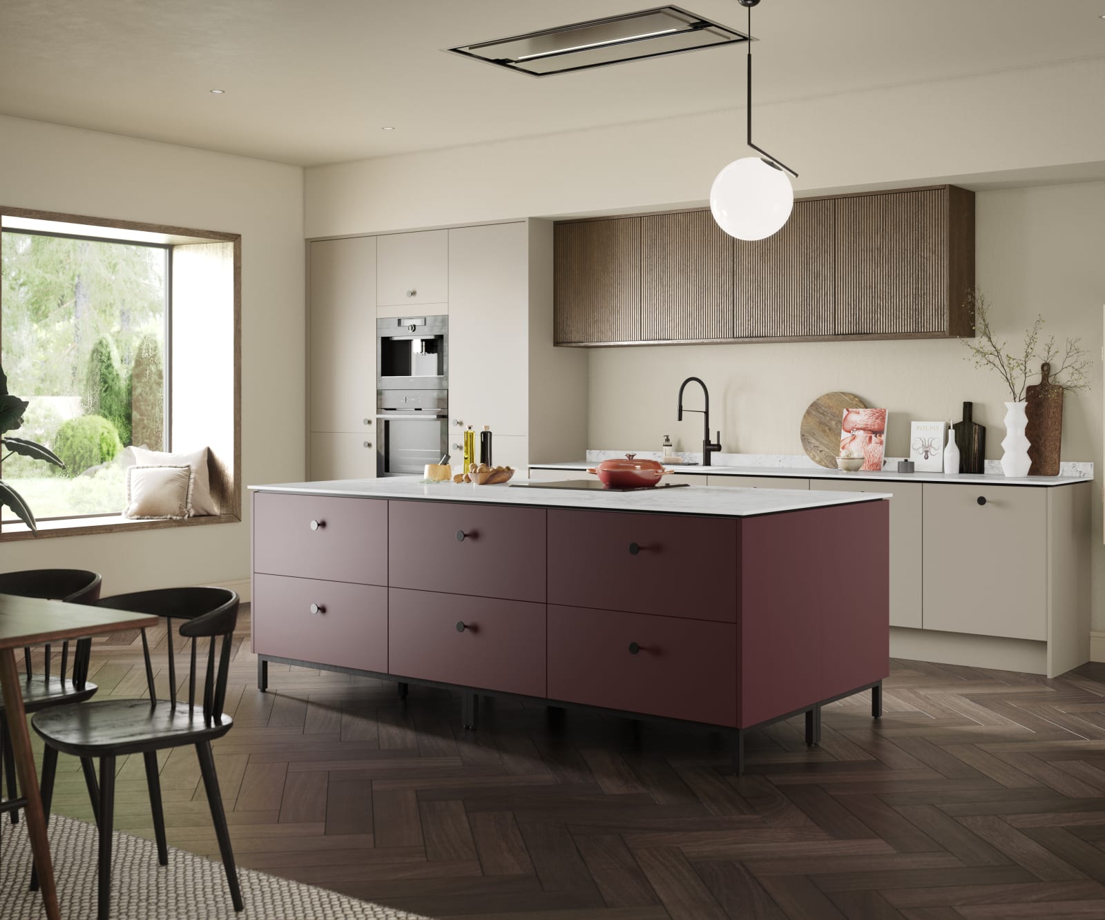 Slight angle view of Soho kitchen in neutral color with Nordic Nature fluted wall cabinets and Burlington Red kitchen island, a painted premium slab door from Magnet.