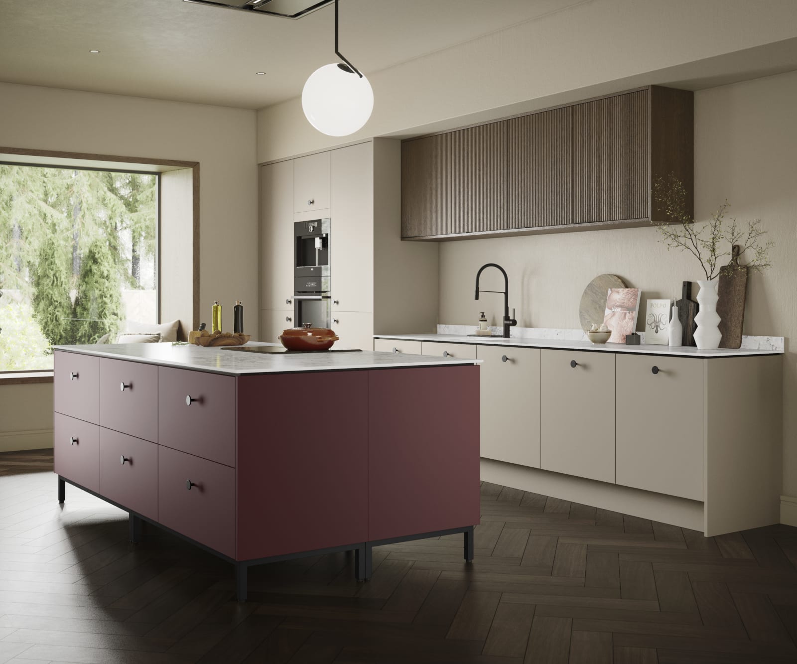 Angled view of Soho kitchen in neutral color with Nordic Nature fluted wall cabinets and Burlington Red kitchen island, a painted premium slab door from Magnet.