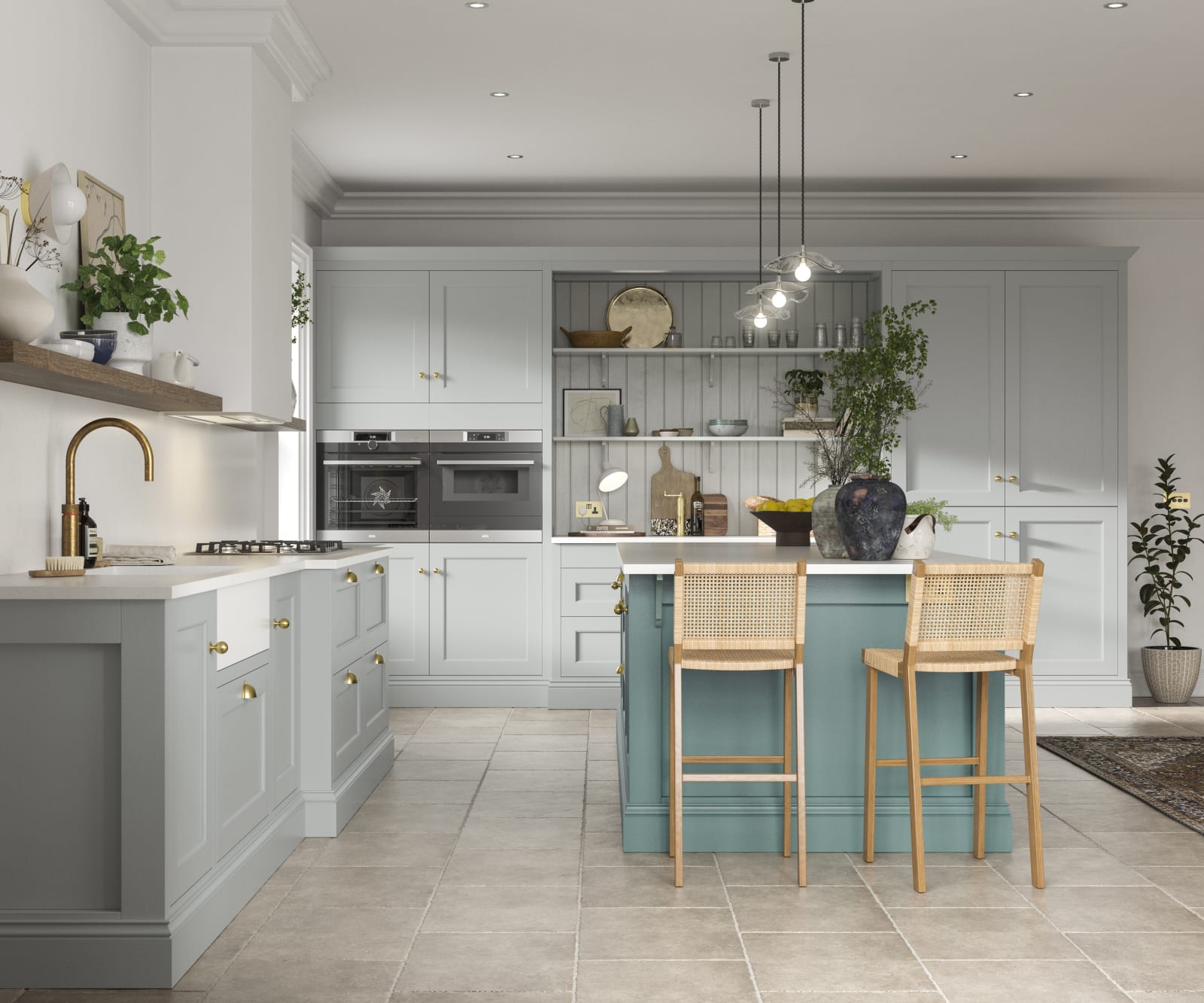 Traditional Shaker-style kitchen range in light grey with a blue kitchen island.