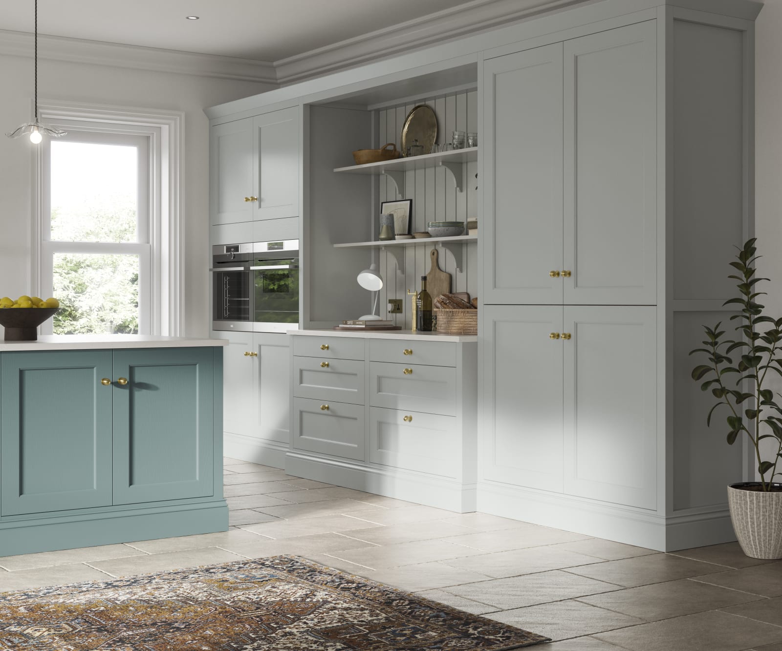 Traditional Shaker-style kitchen range featuring panelled doors with visible woodgrain and beading detail