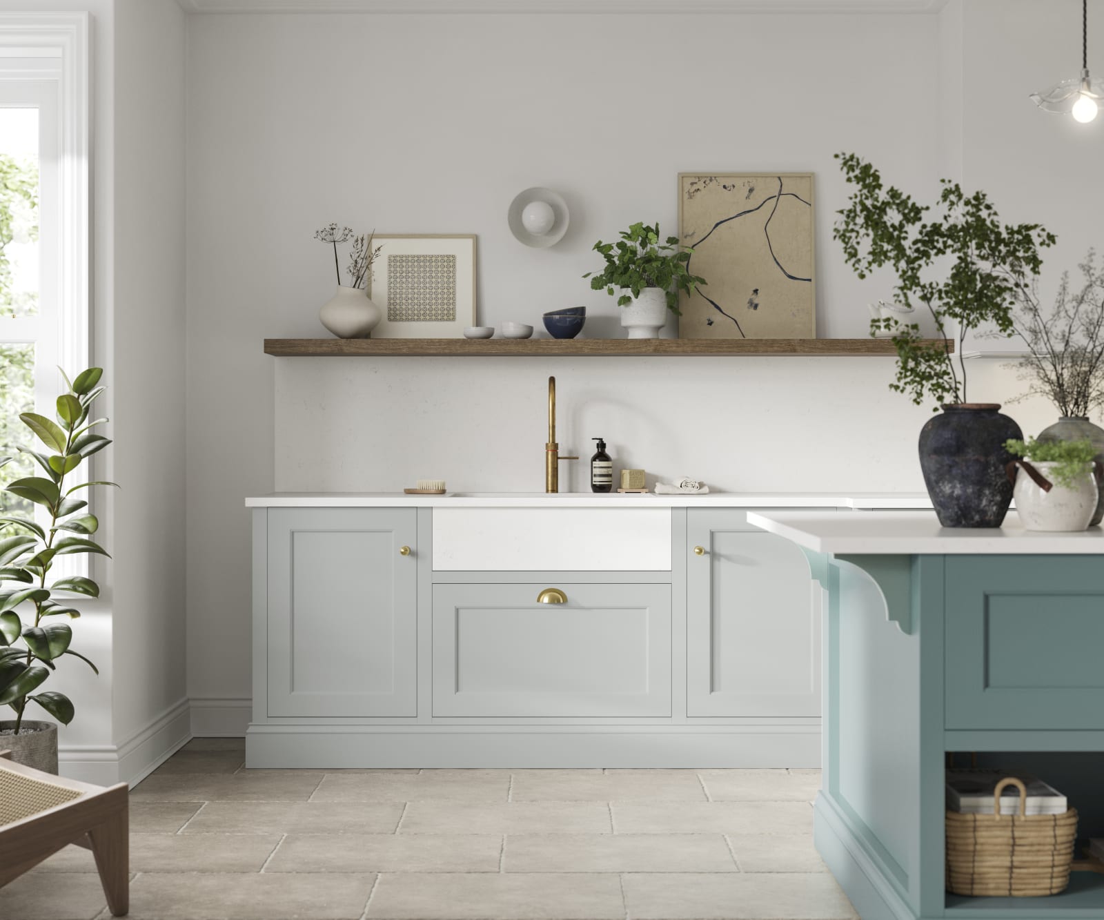 Traditional Shaker-style kitchen range Ludlow in light grey with a blue kitchen island.