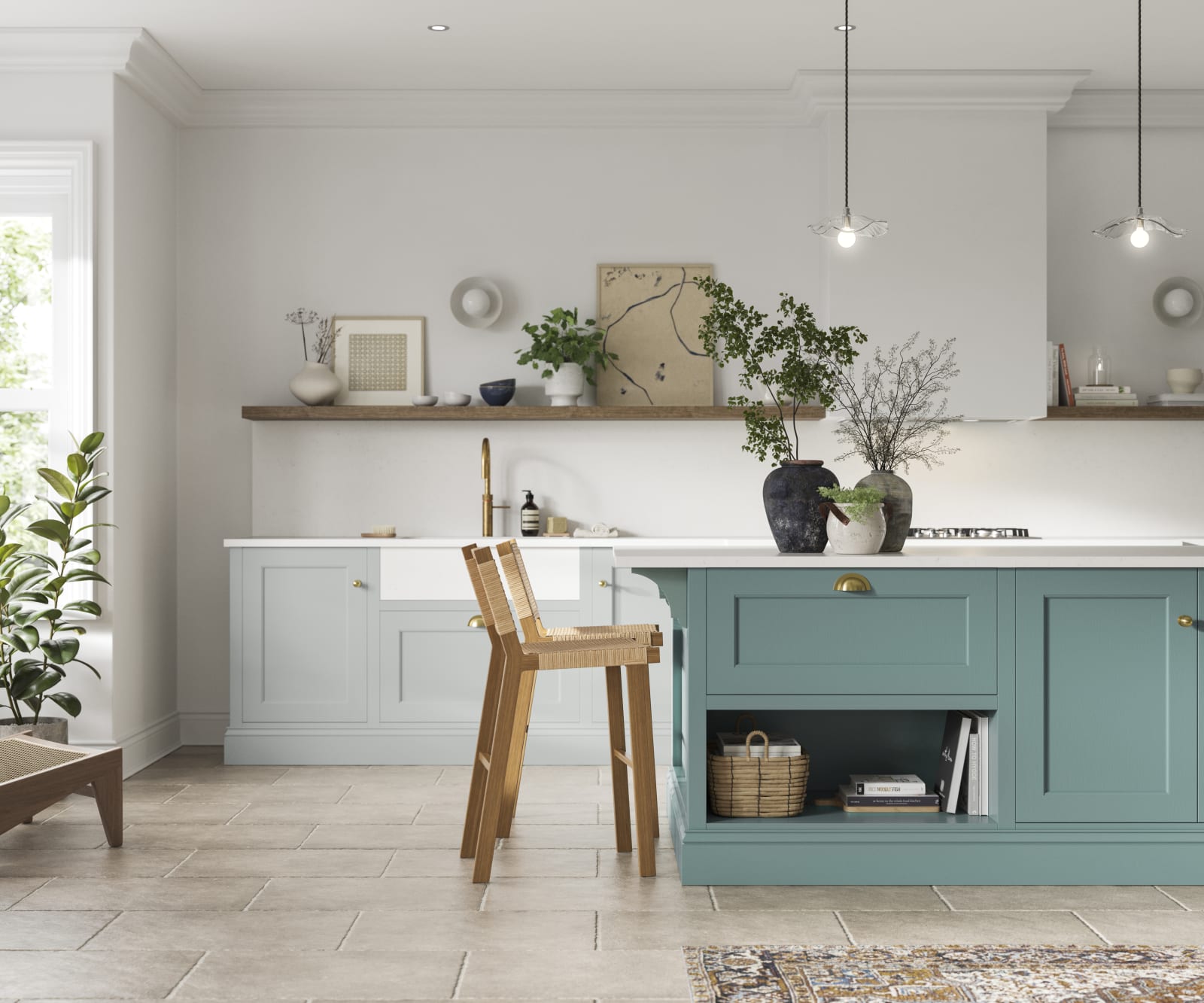 A stylish blue kitchen with contemporary Shaker panelling.