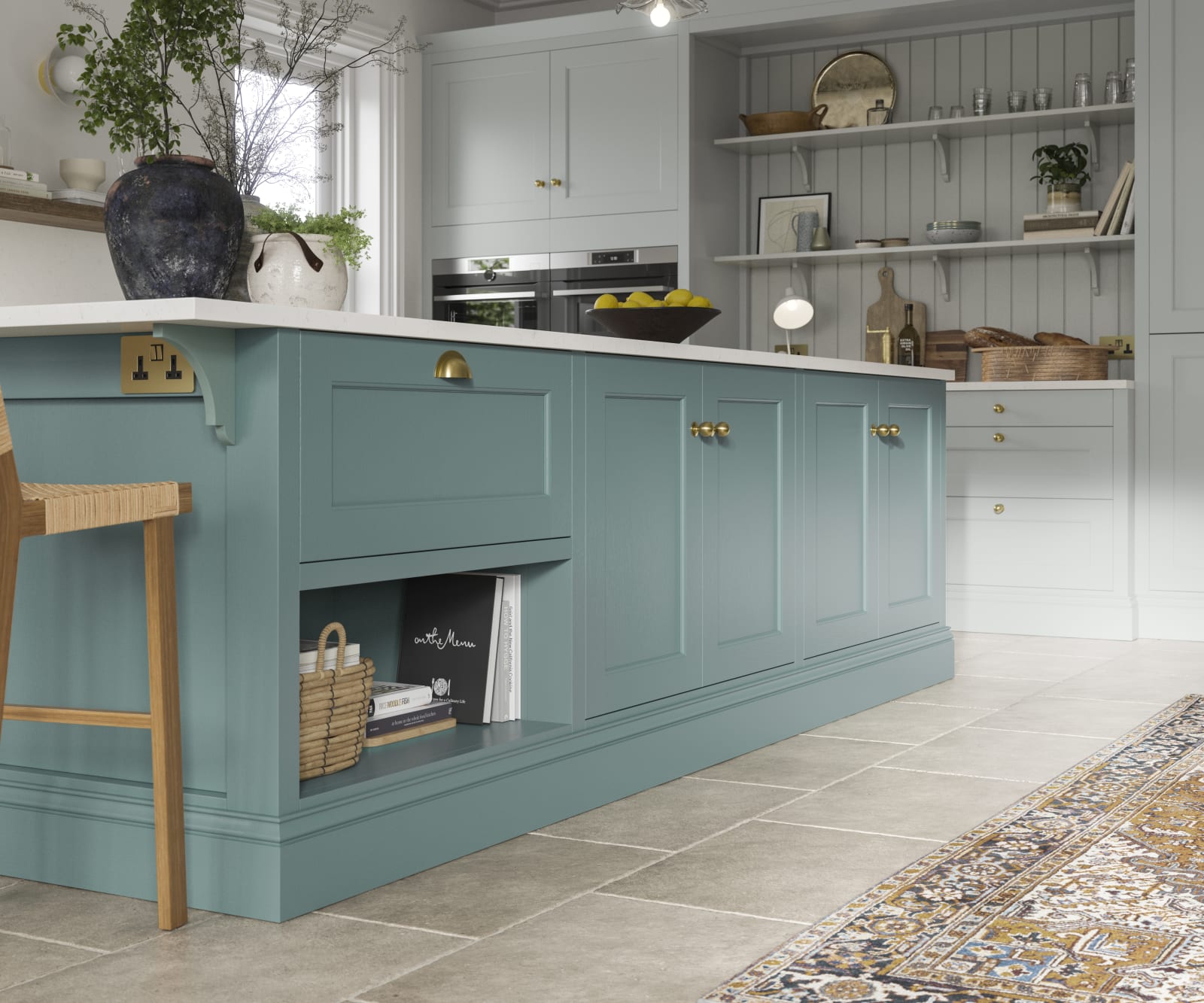 A stylish blue kitchen with contemporary Shaker panelling.