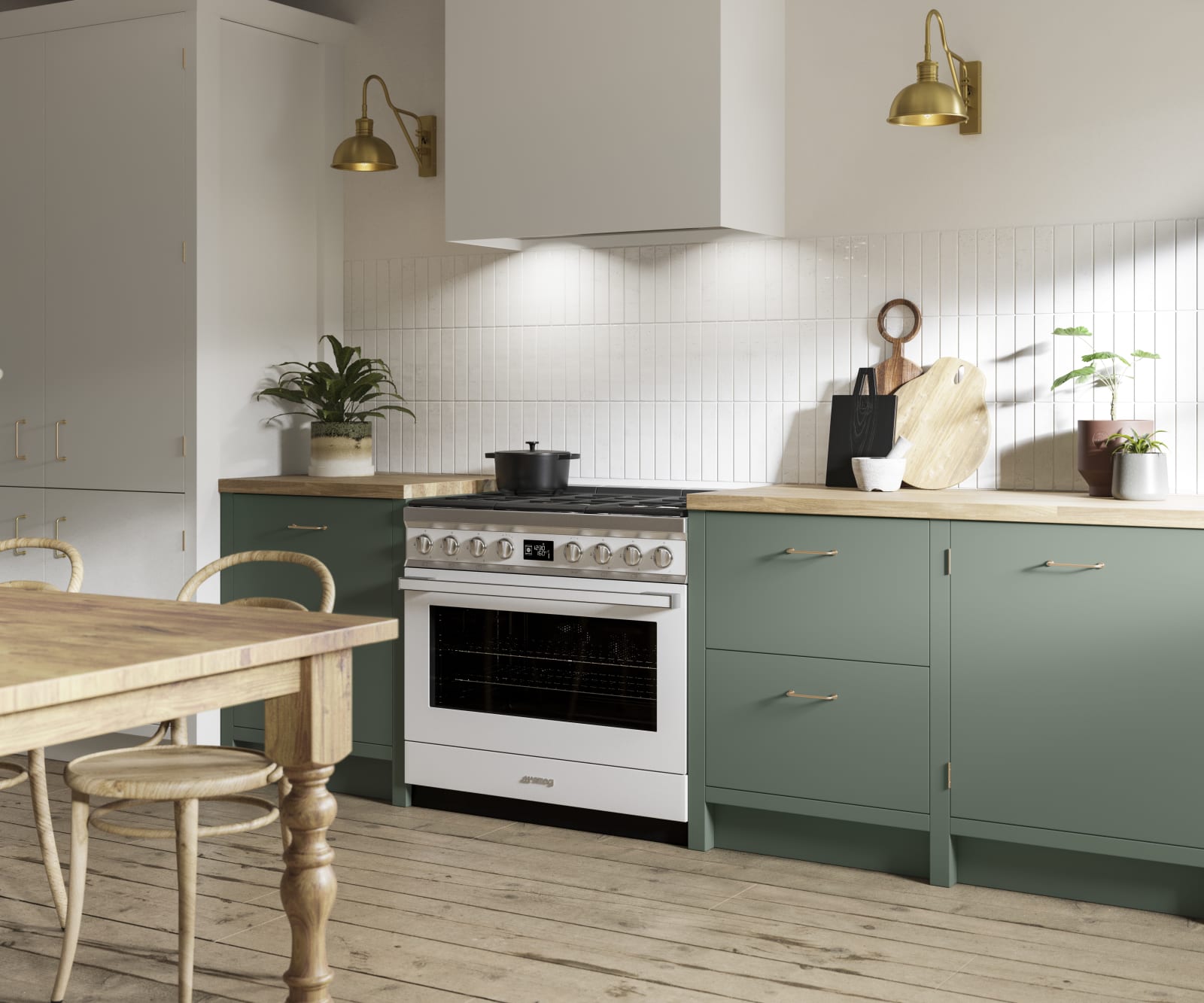 Soho Eucalyptus Green kitchen in charming contemporary cottage, a modern slab door with a painted rather than foil surface, for a truly premium look.