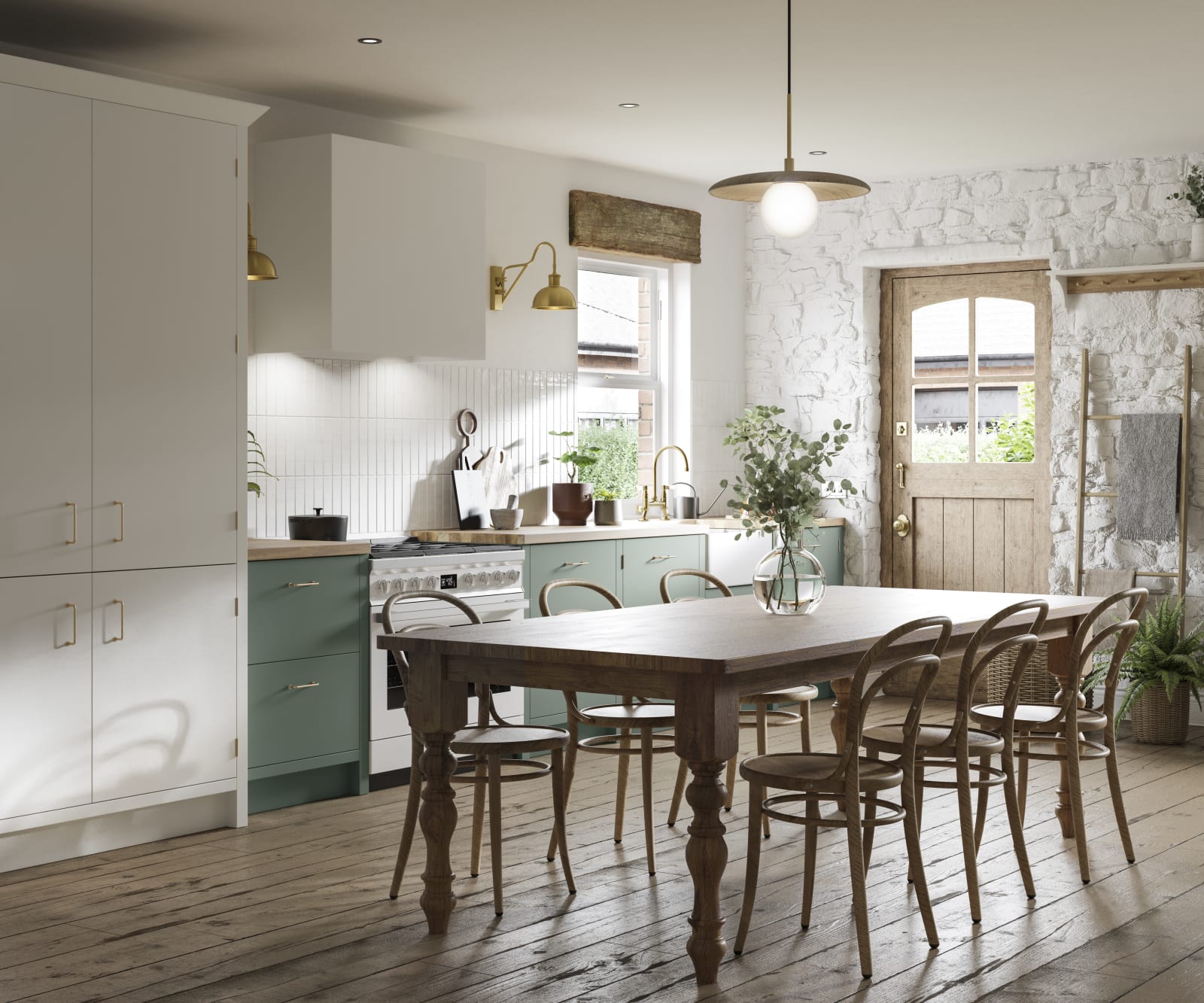 Contemporary cottage kitchen with Soho Eucaluptys, tall pantry cabinets in white, and a light wood dining table