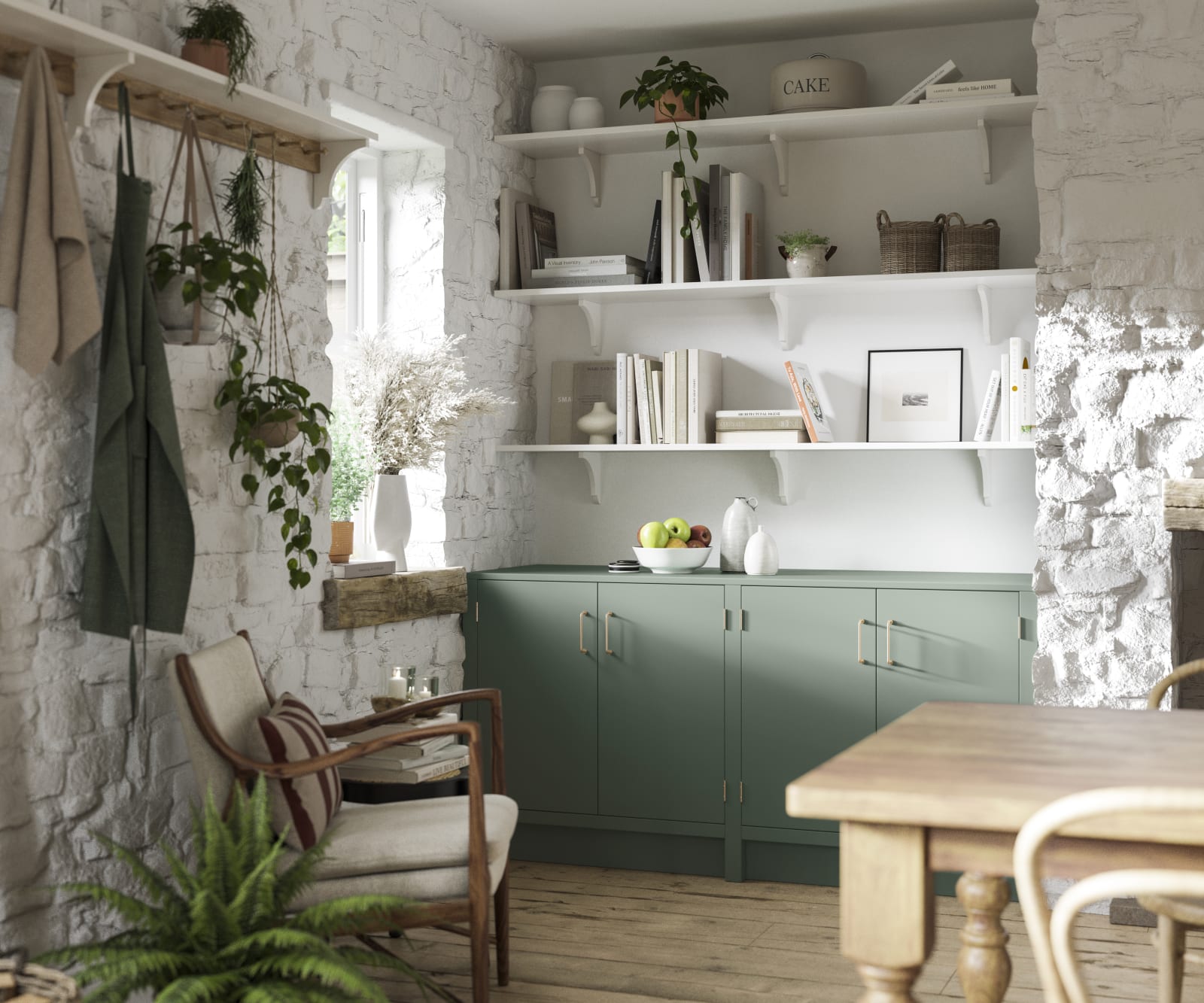 Living room in a charming contemporary cottage with Soho cabinetry in shade Eucalyptus green, a modern slab door with a painted rather than foil surface, for a truly premium look.