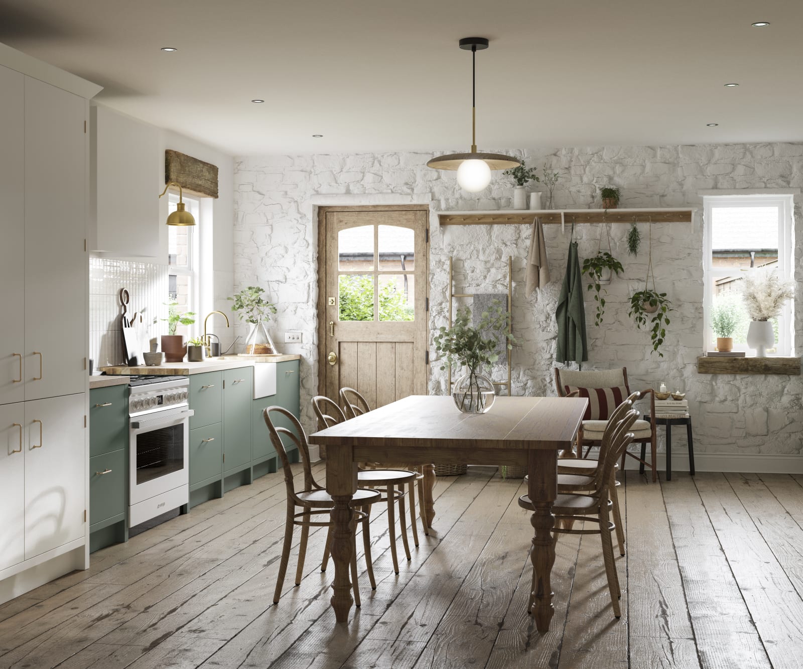 Full room view of contemporary cottage kitchen and dining room with Soho Eucaluptys and tall pantry cabinets in white.