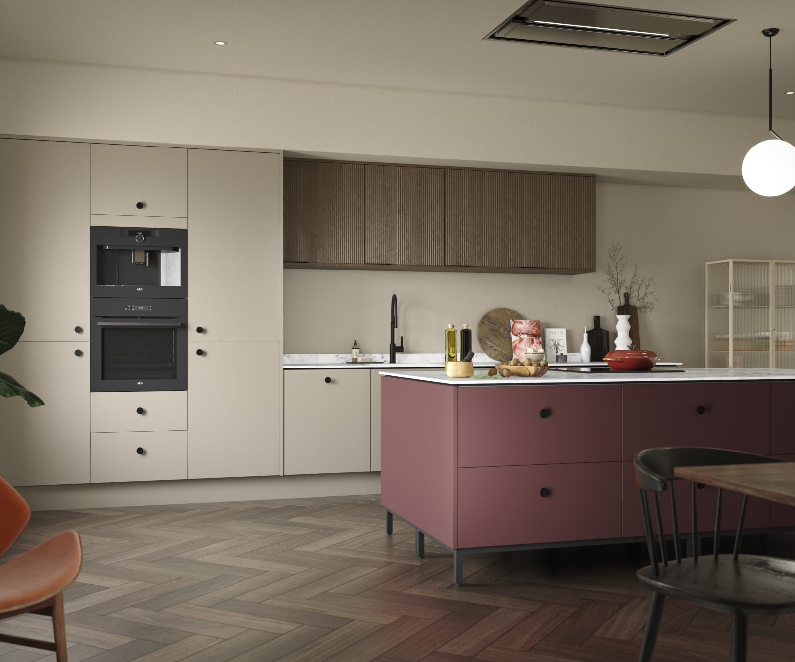 Soho kitchen in neutral color with Nordic Nature fluted oak wall cabinets and Burlington Red kitchen island, a painted premium slab door from Magnet.